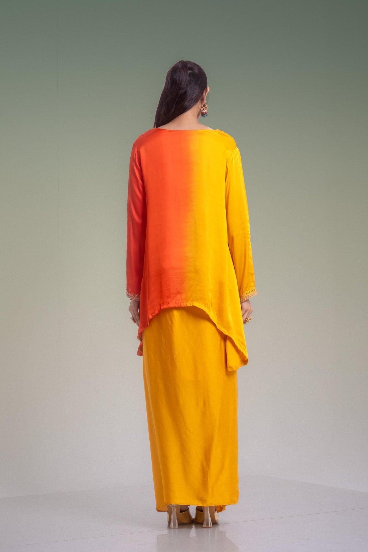 Yellow & Orange Ombre Embellished Satin Silk Skirt Set