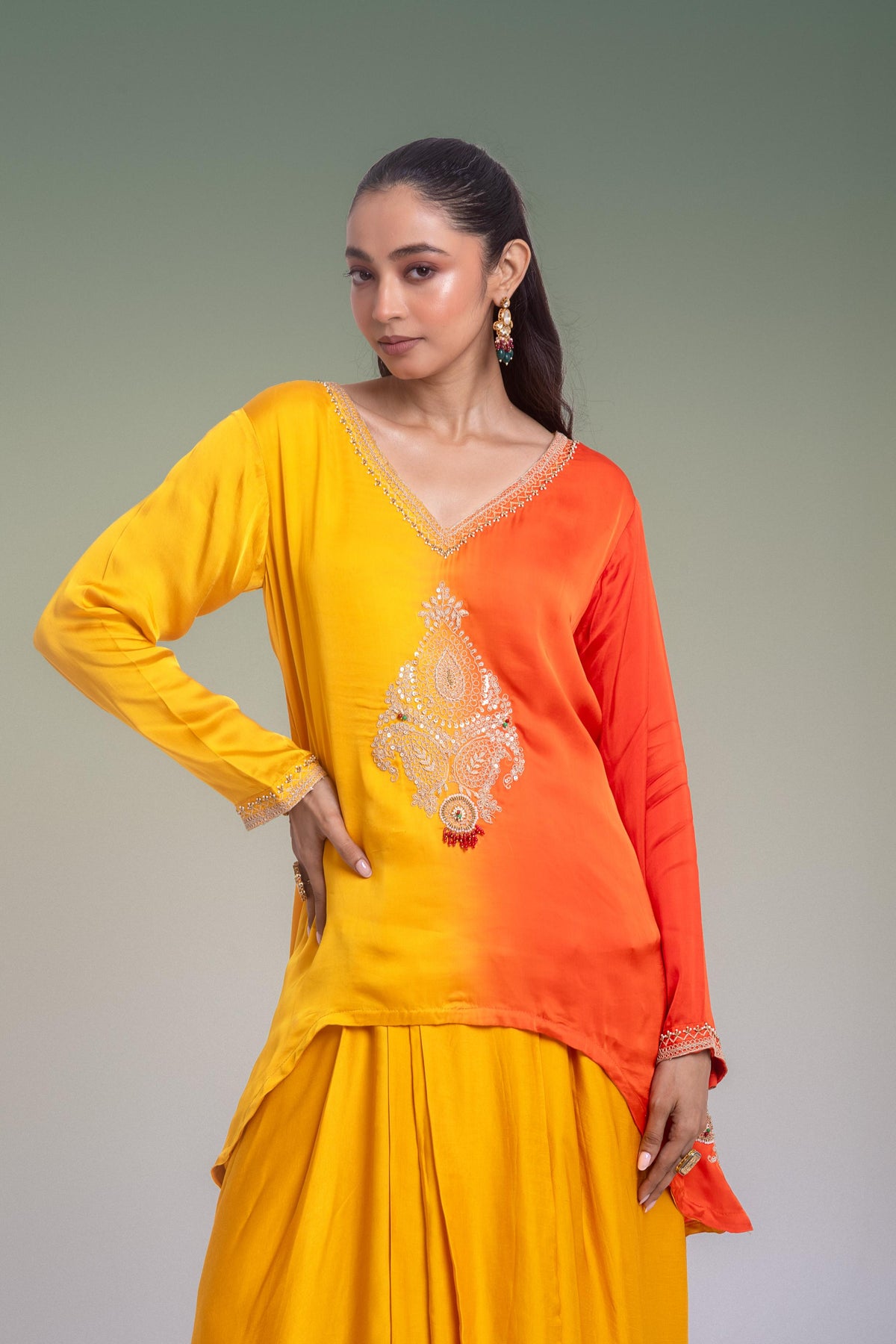 Yellow & Orange Ombre Embellished Satin Silk Skirt Set