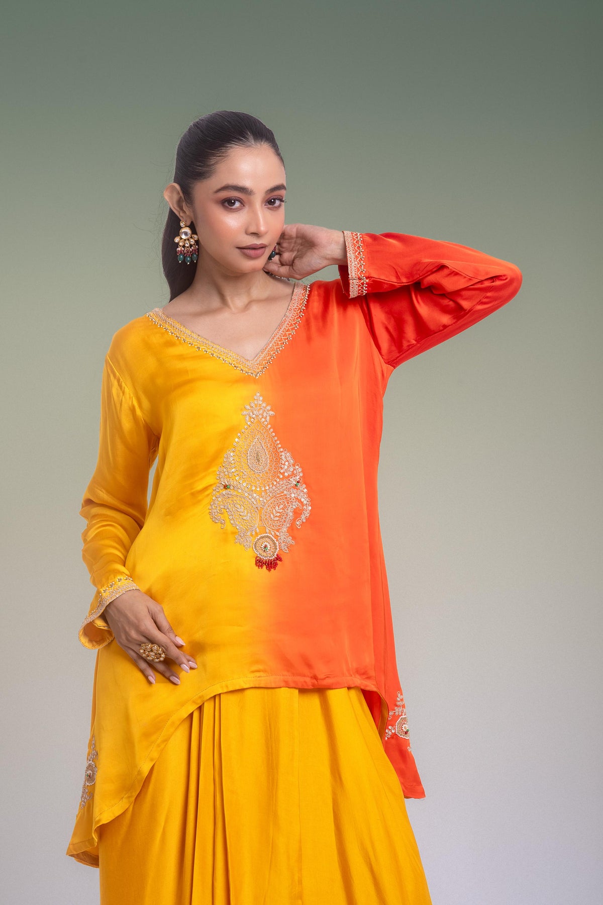 Yellow & Orange Ombre Embellished Satin Silk Skirt Set
