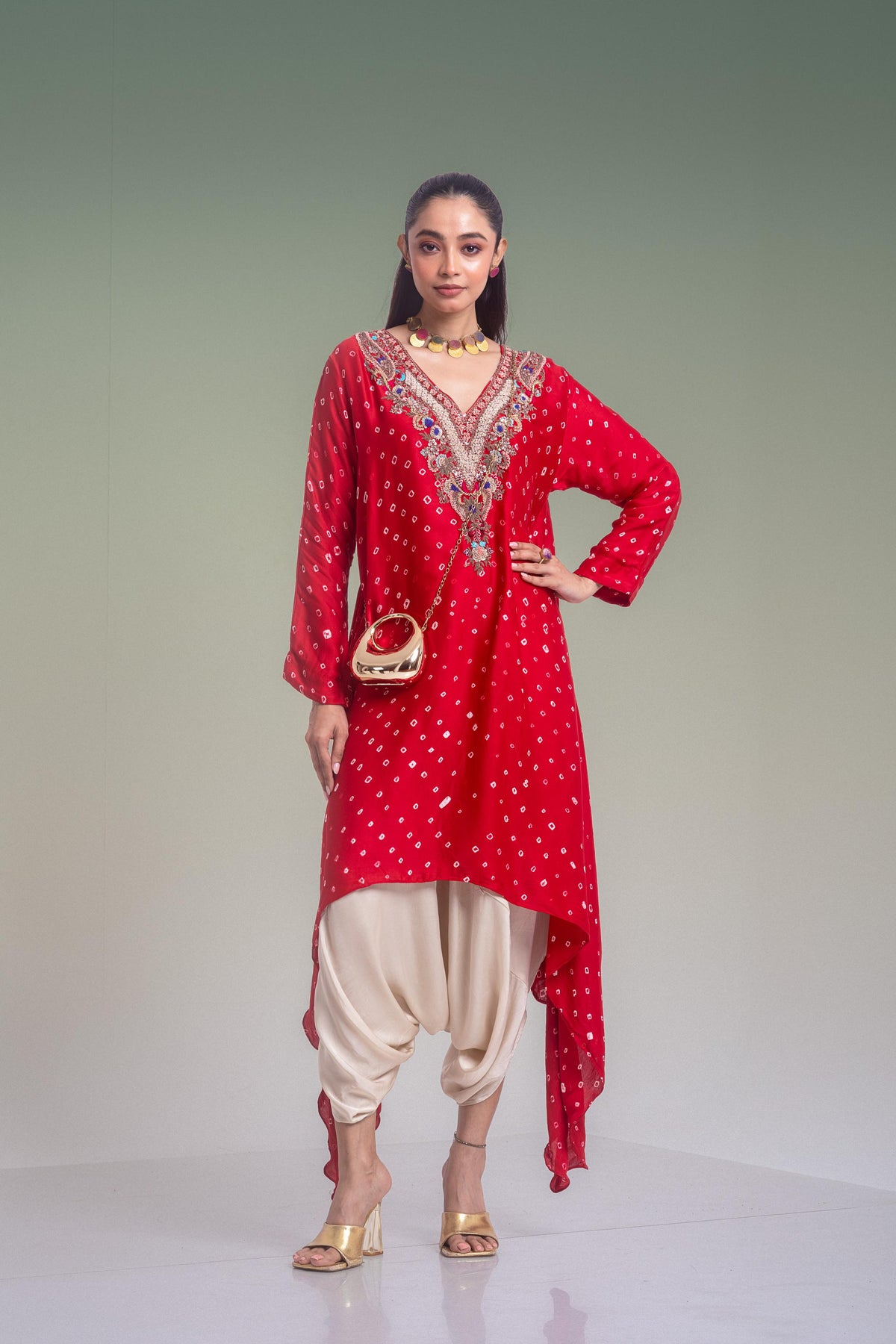 Royal Red & Cream Embellished Satin Silk Pant Set