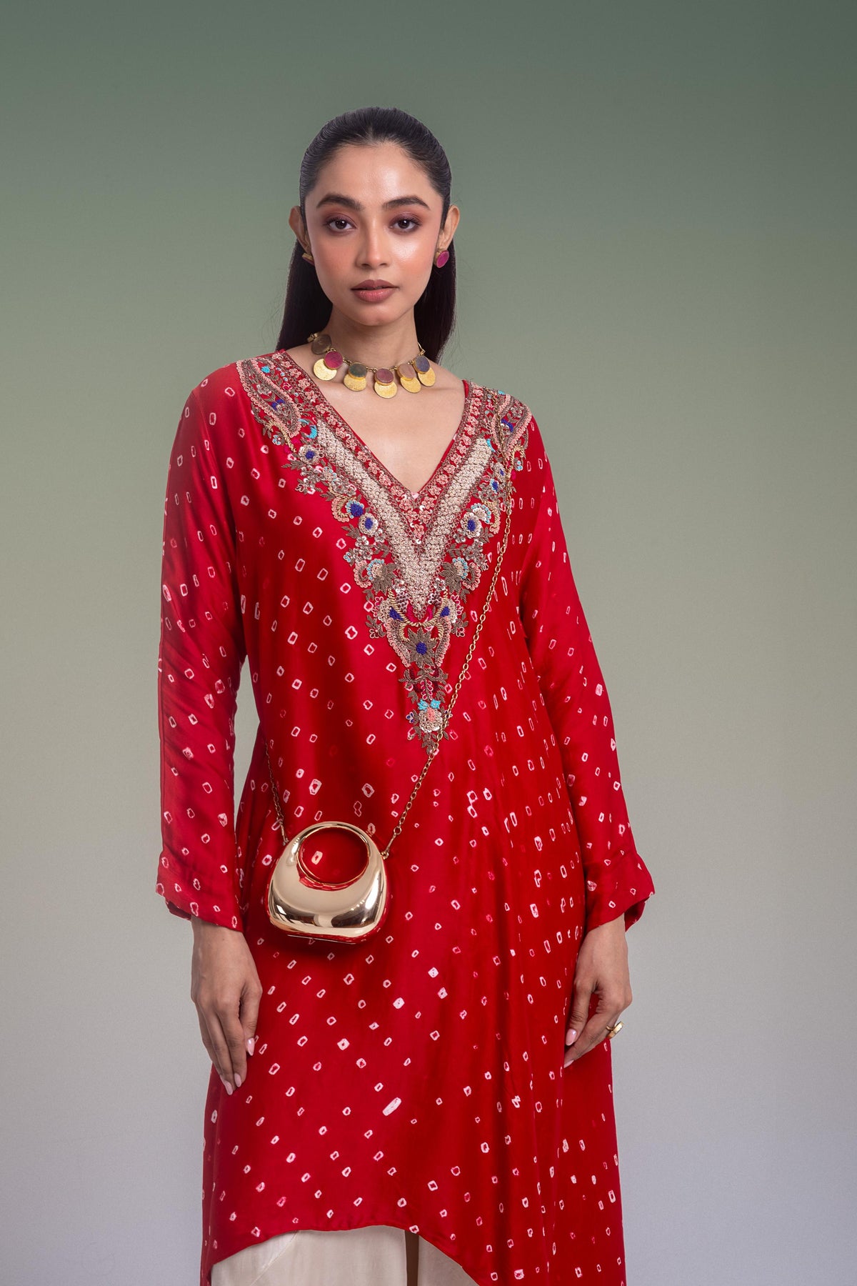 Royal Red & Cream Embellished Satin Silk Pant Set