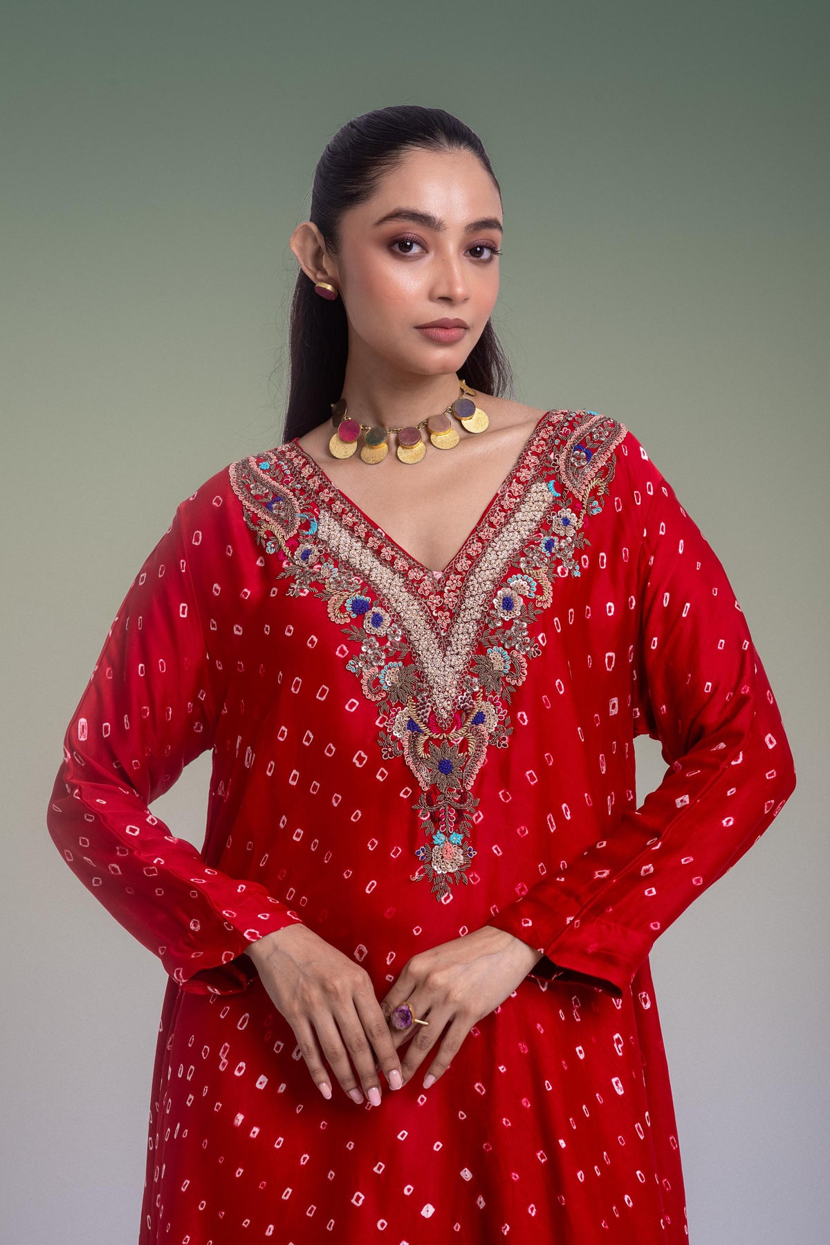 Royal Red & Cream Embellished Satin Silk Pant Set