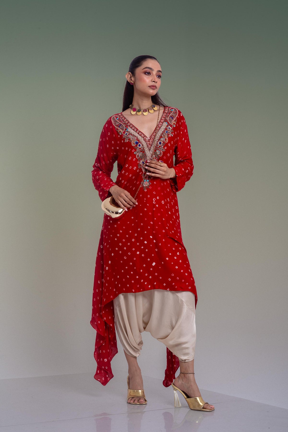 Royal Red & Cream Embellished Satin Silk Pant Set