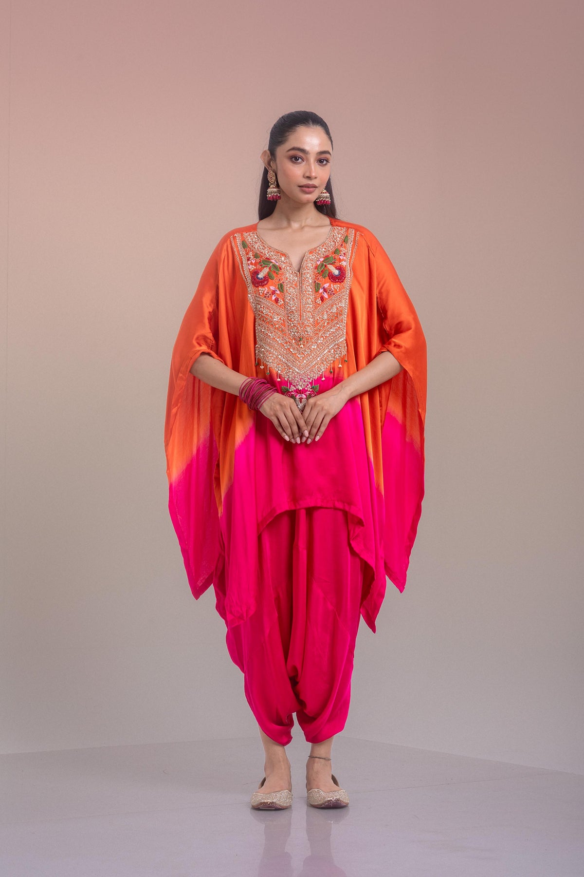 Ombre Orange Embellished Satin Silk Kaftan Set