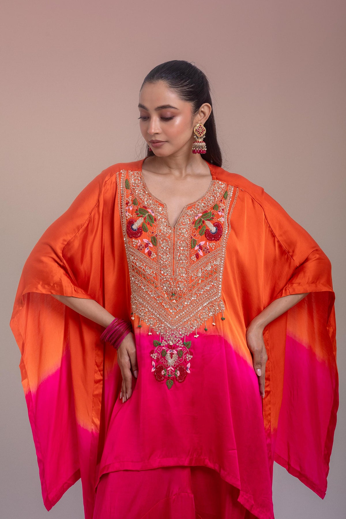 Ombre Orange Embellished Satin Silk Kaftan Set
