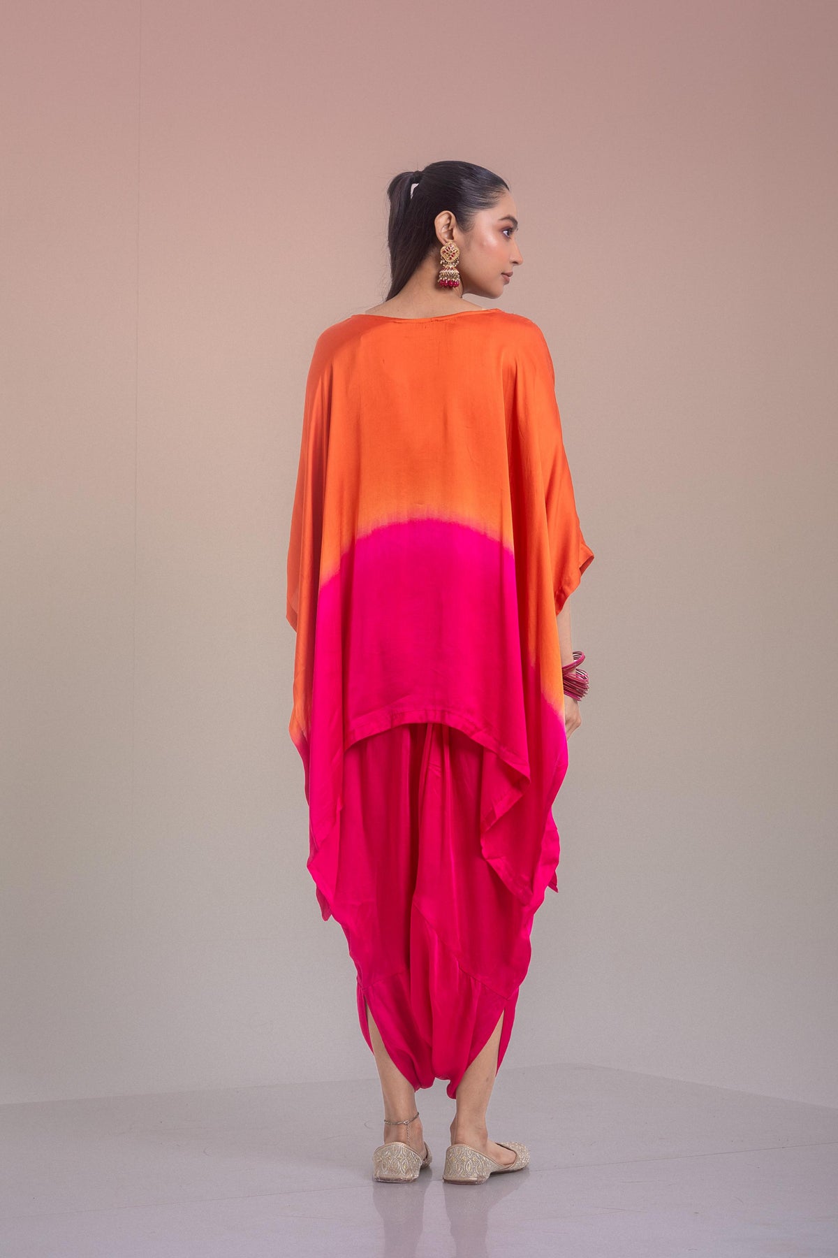 Ombre Orange Embellished Satin Silk Kaftan Set