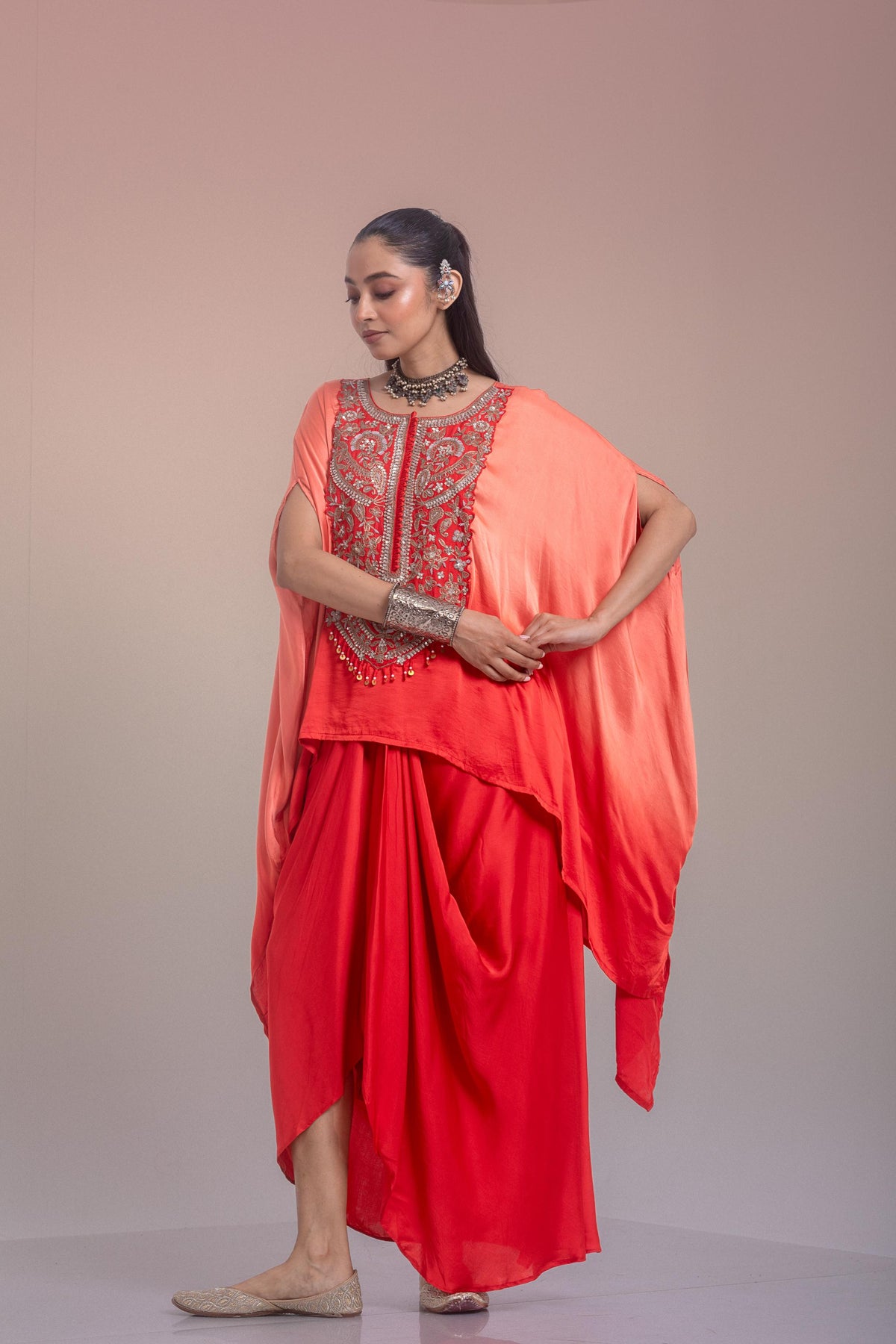 Peach Ombre Embellished Satin Silk Kaftan Skirt Set
