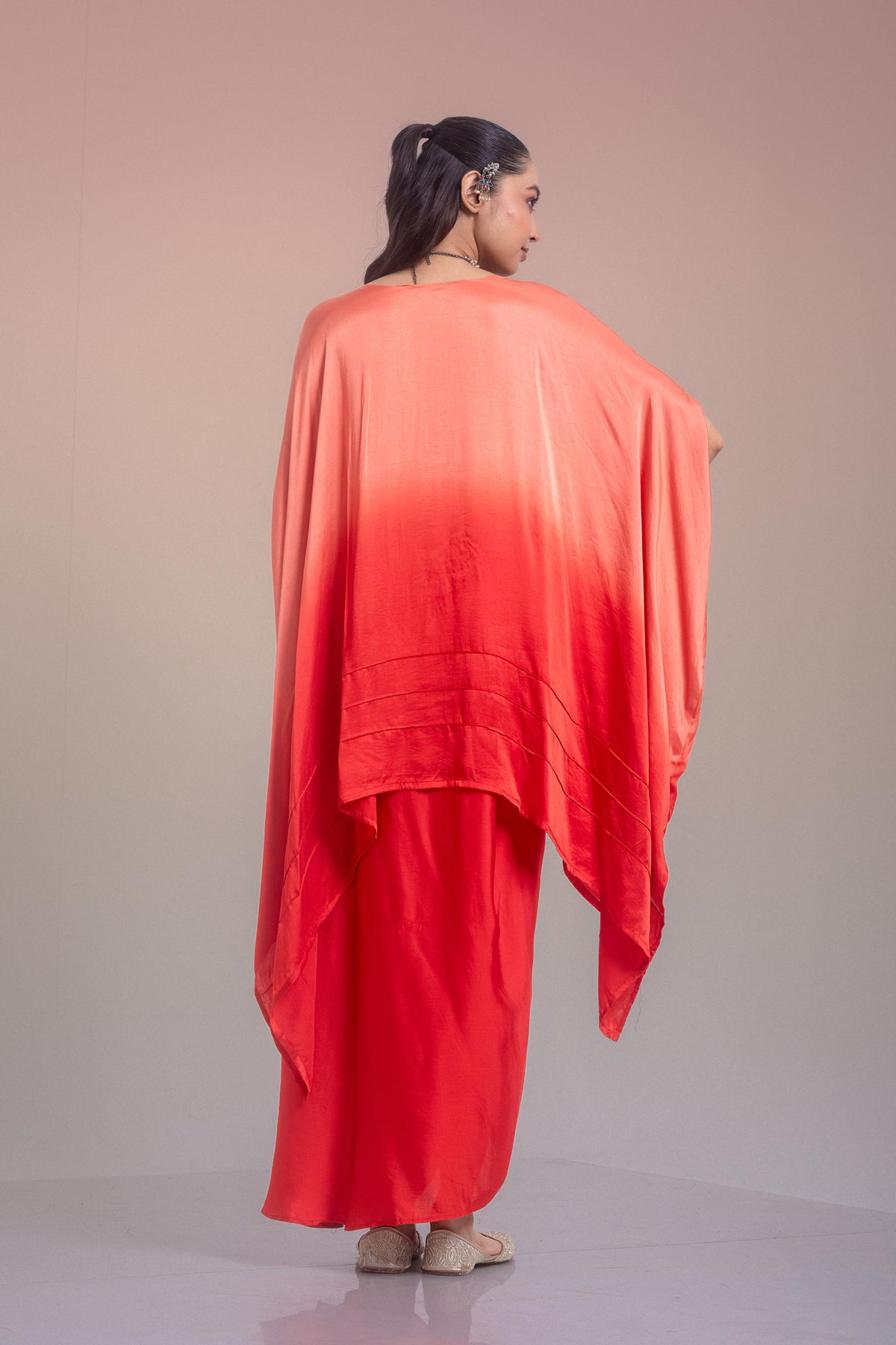 Peach Ombre Embellished Satin Silk Kaftan Skirt Set