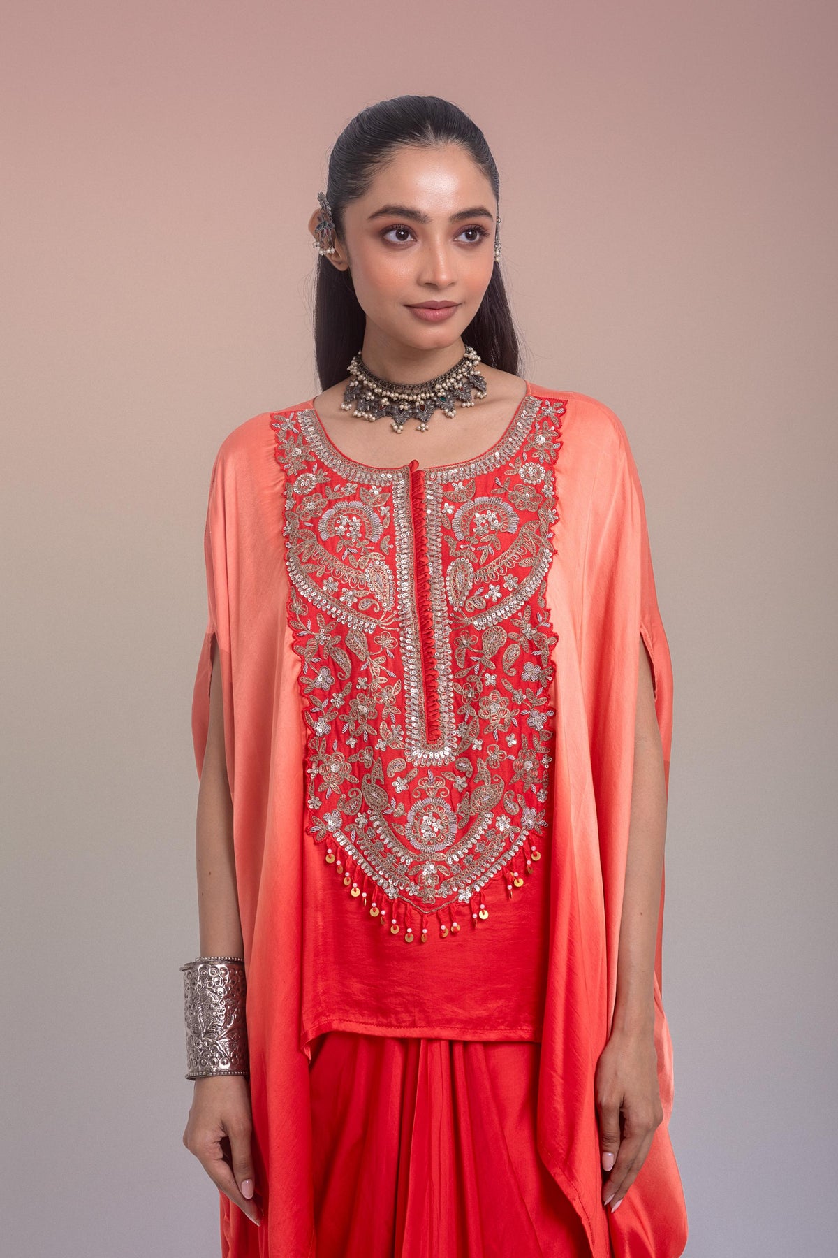 Peach Ombre Embellished Satin Silk Kaftan Skirt Set