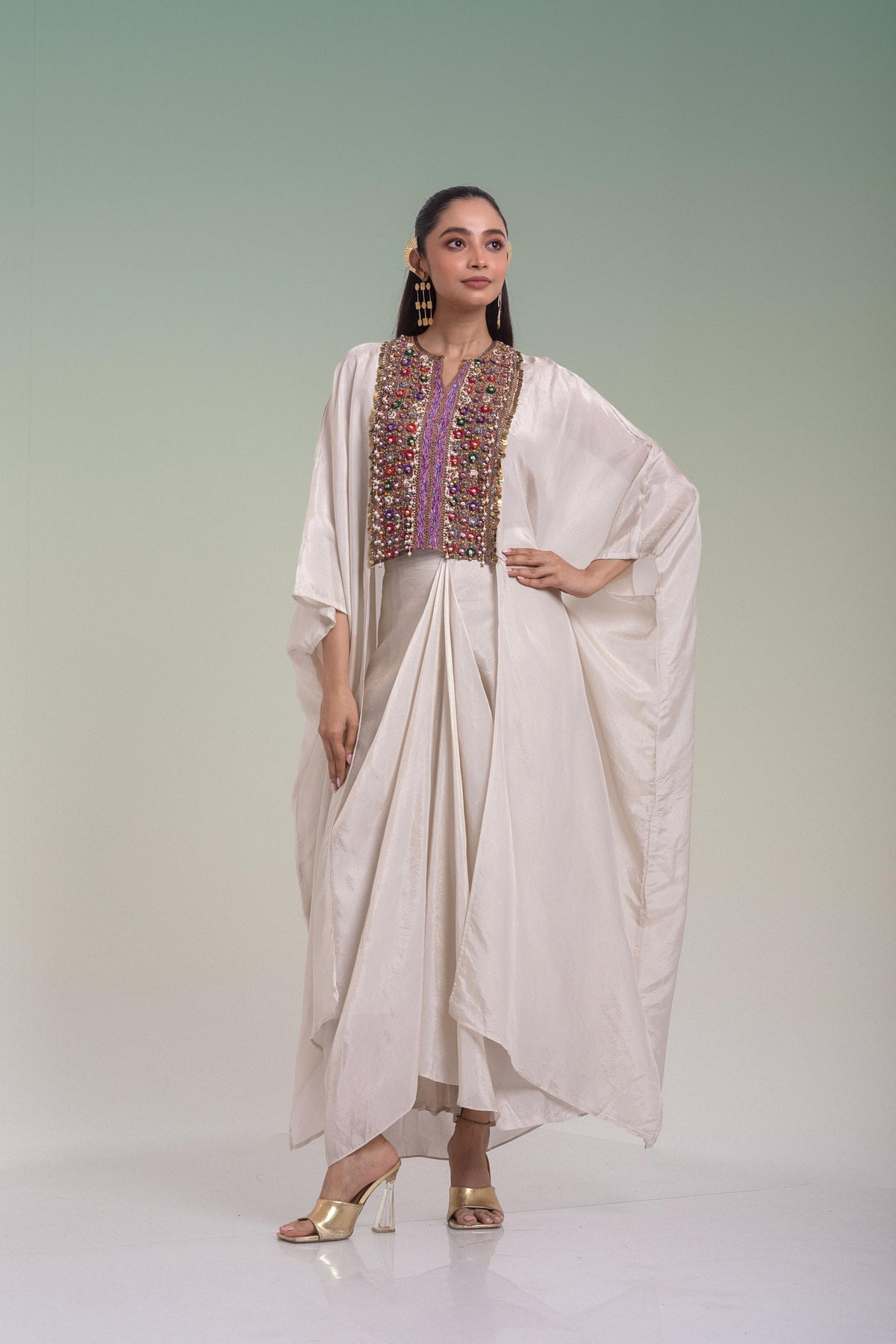Off-White Embellished Shimmer Silk Kaftan Skirt Set