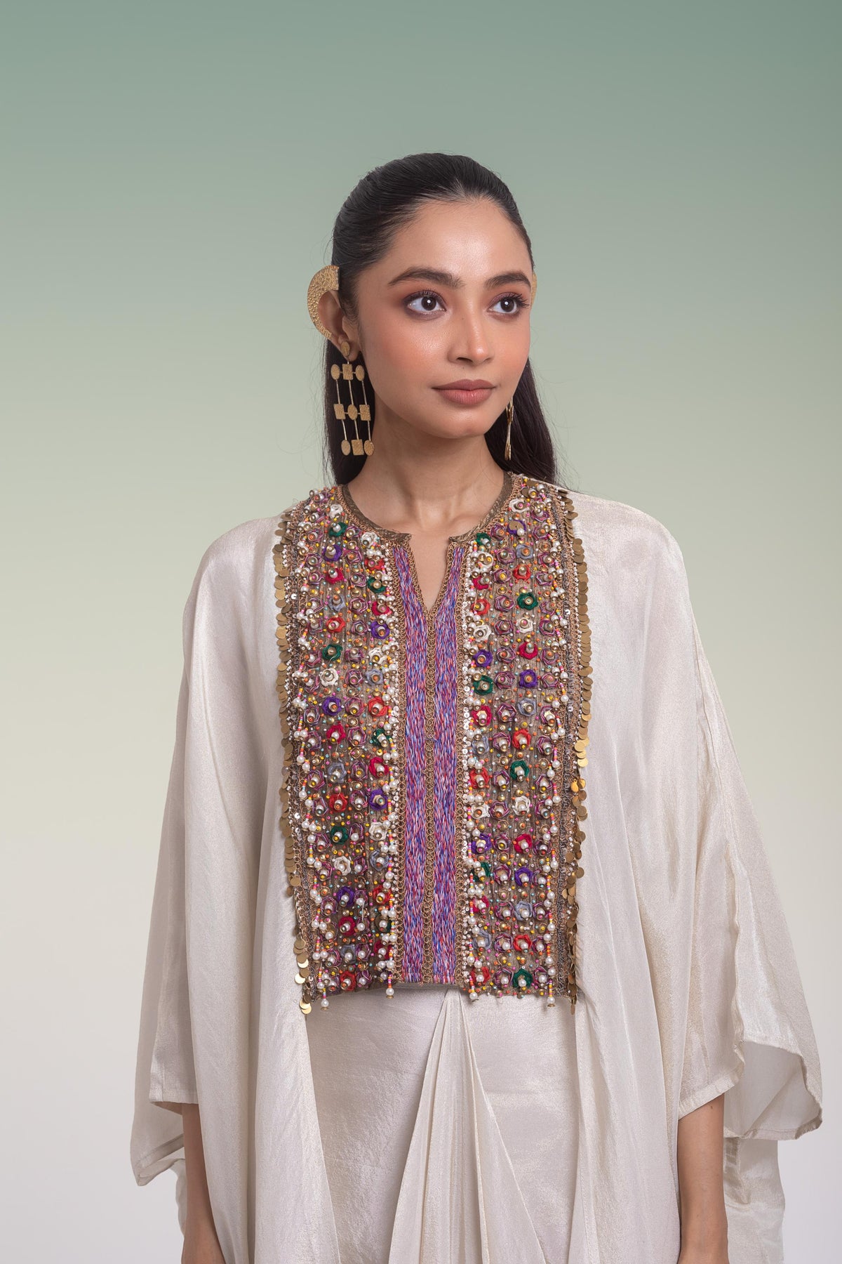 Off-White Embellished Shimmer Silk Kaftan Skirt Set