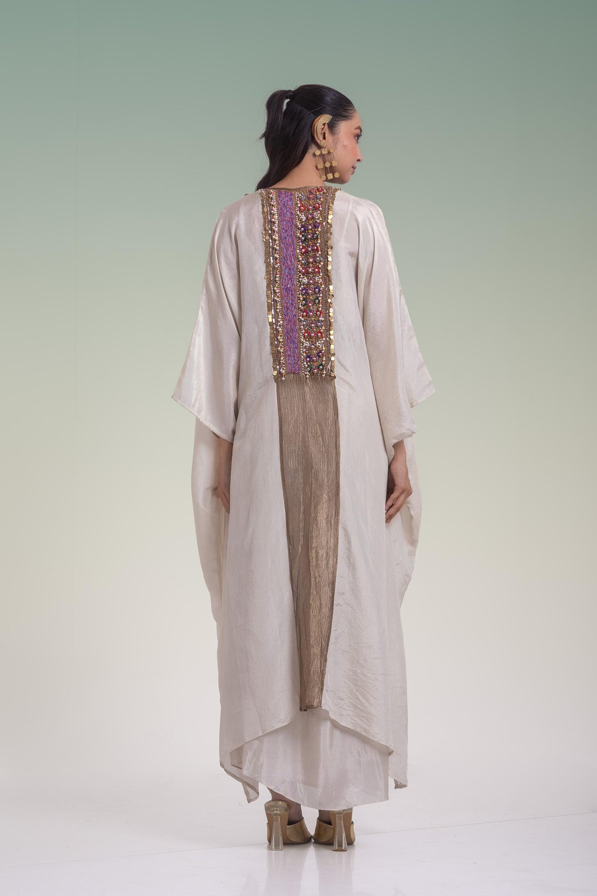 Off-White Embellished Shimmer Silk Kaftan Skirt Set