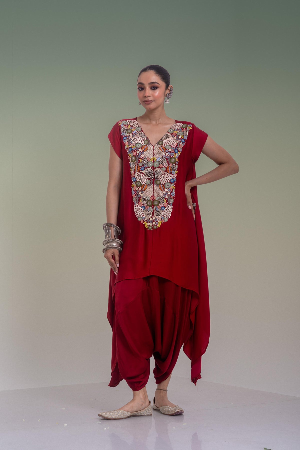 Maroon Red Embellished Satin Silk Pant Set