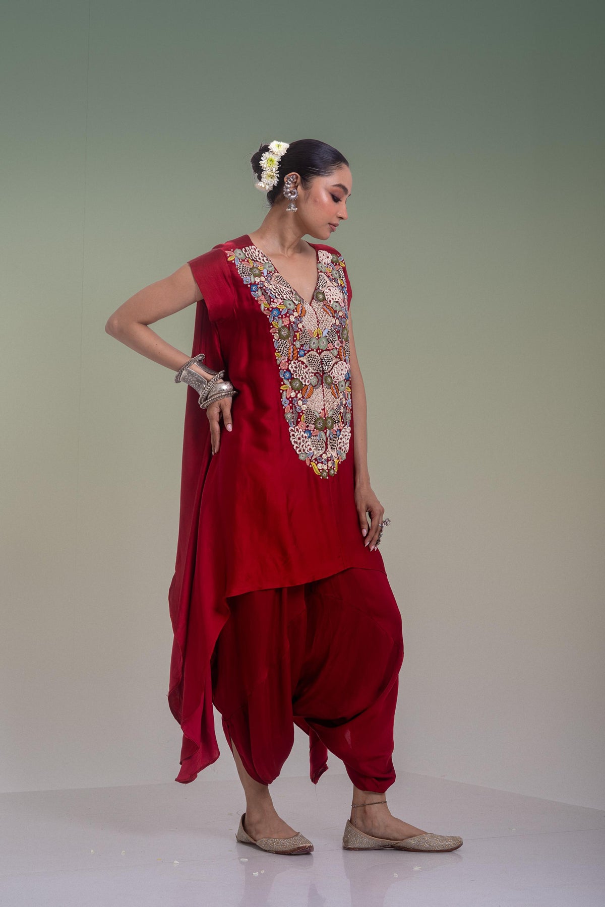 Maroon Red Embellished Satin Silk Pant Set