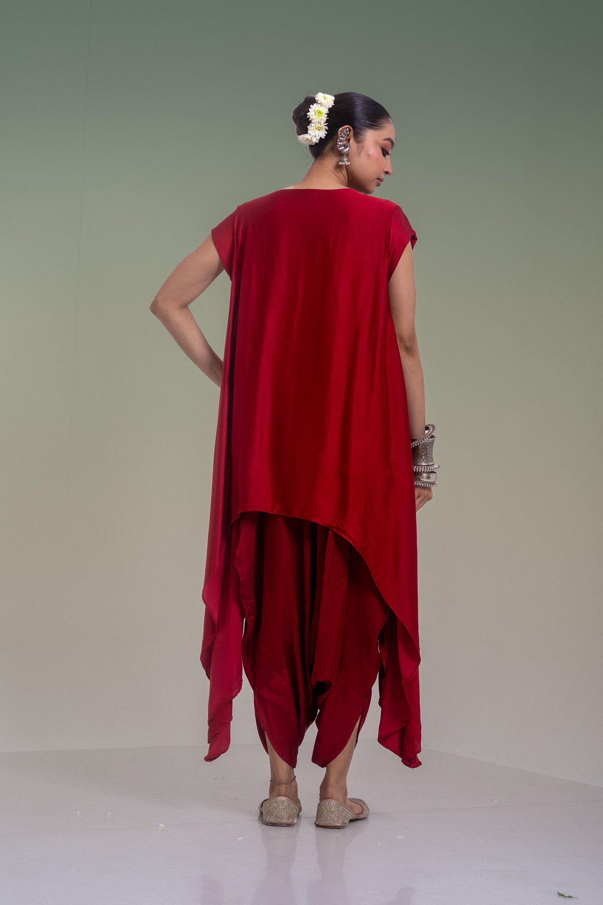 Maroon Red Embellished Satin Silk Pant Set