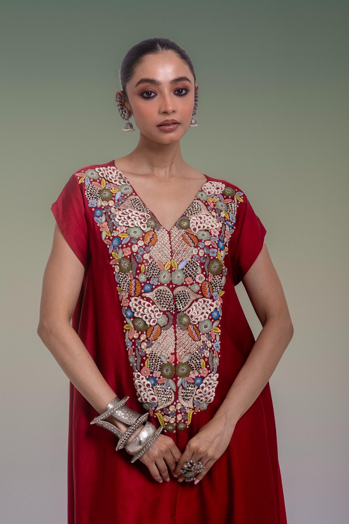 Maroon Red Embellished Satin Silk Pant Set