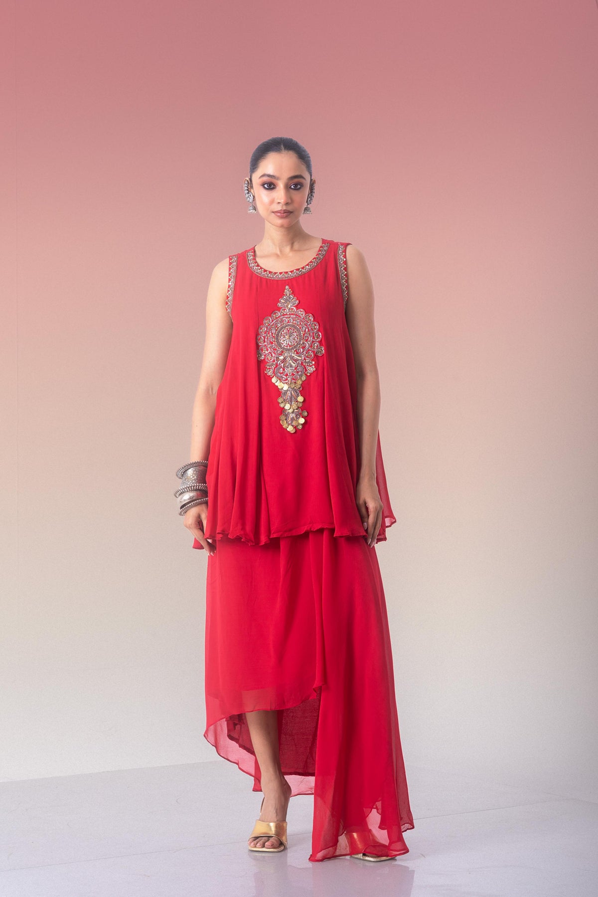 Ruby Red Embellished Georgette Silk Skirt Set