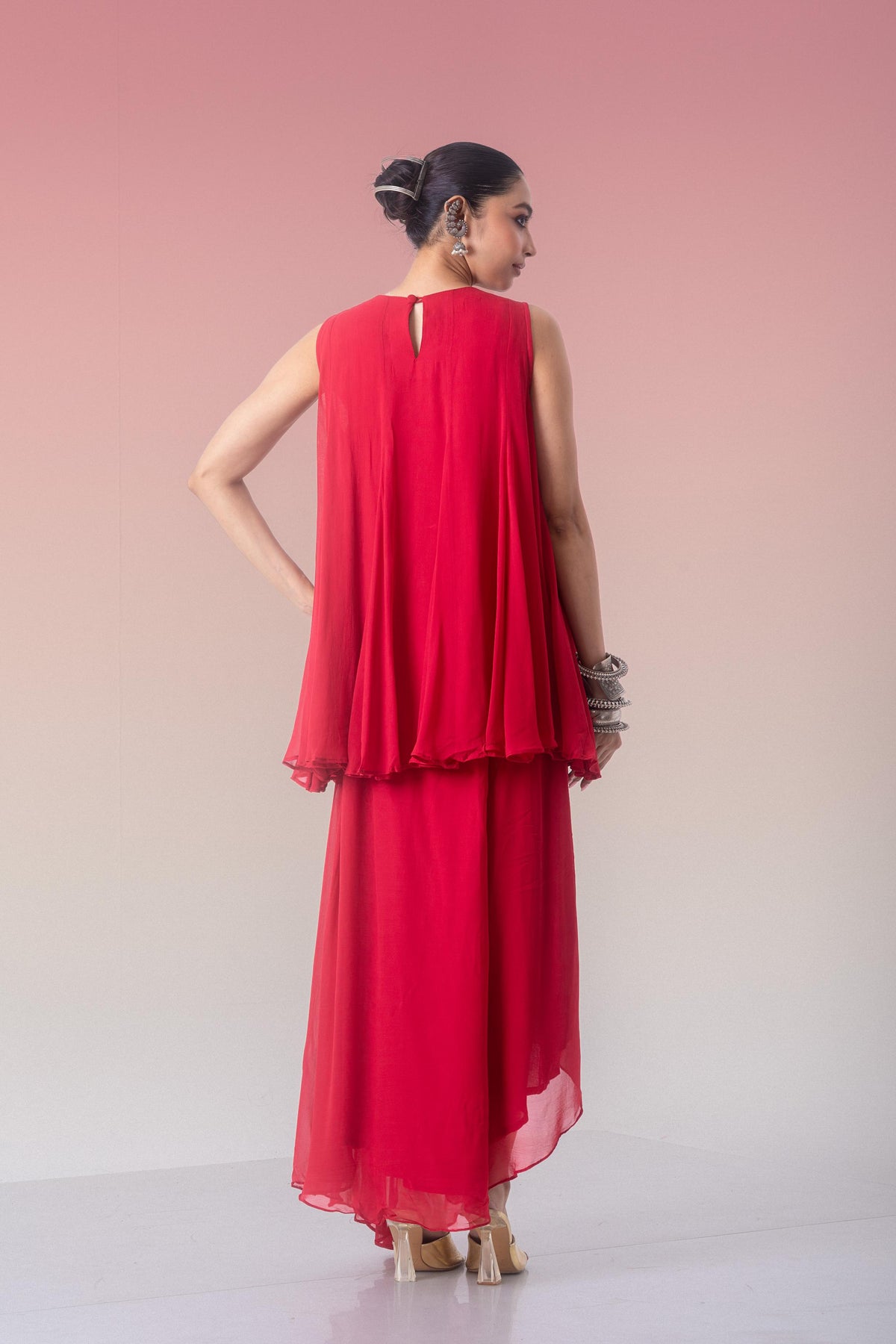 Ruby Red Embellished Georgette Silk Skirt Set