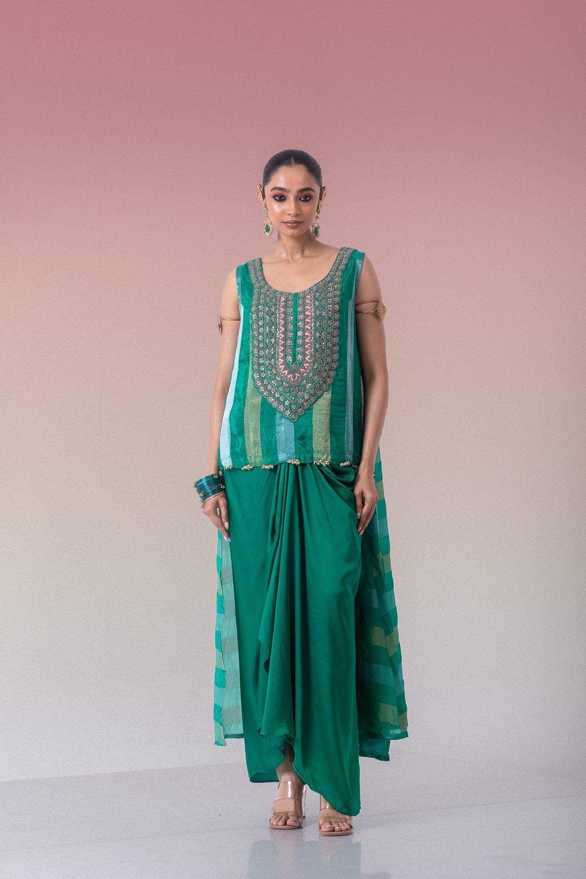 Dark Green Embellished Brocade Banarasi Silk Skirt Set