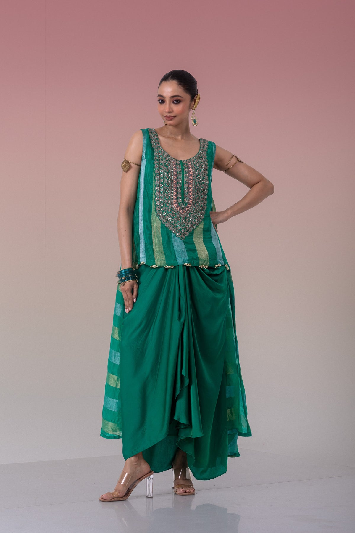 Dark Green Embellished Brocade Banarasi Silk Skirt Set