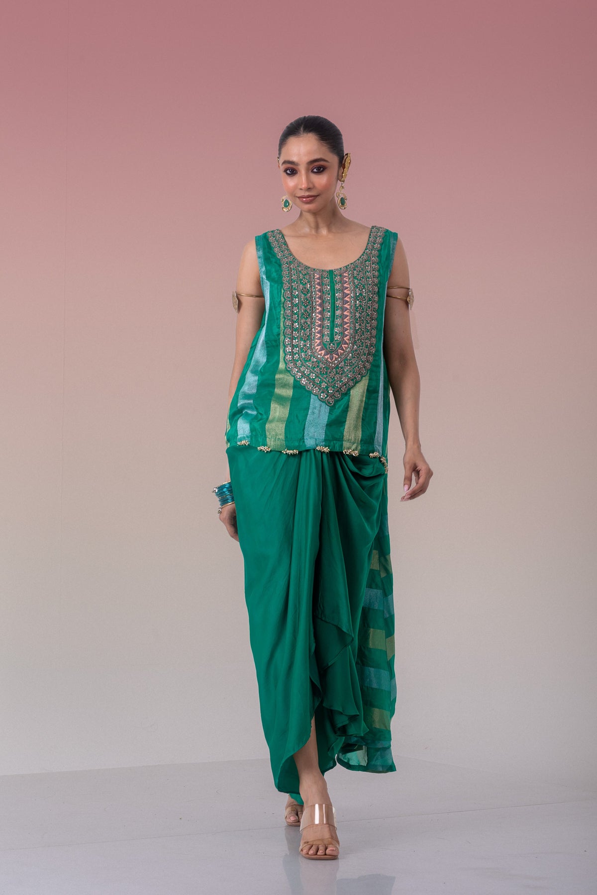 Dark Green Embellished Brocade Banarasi Silk Skirt Set