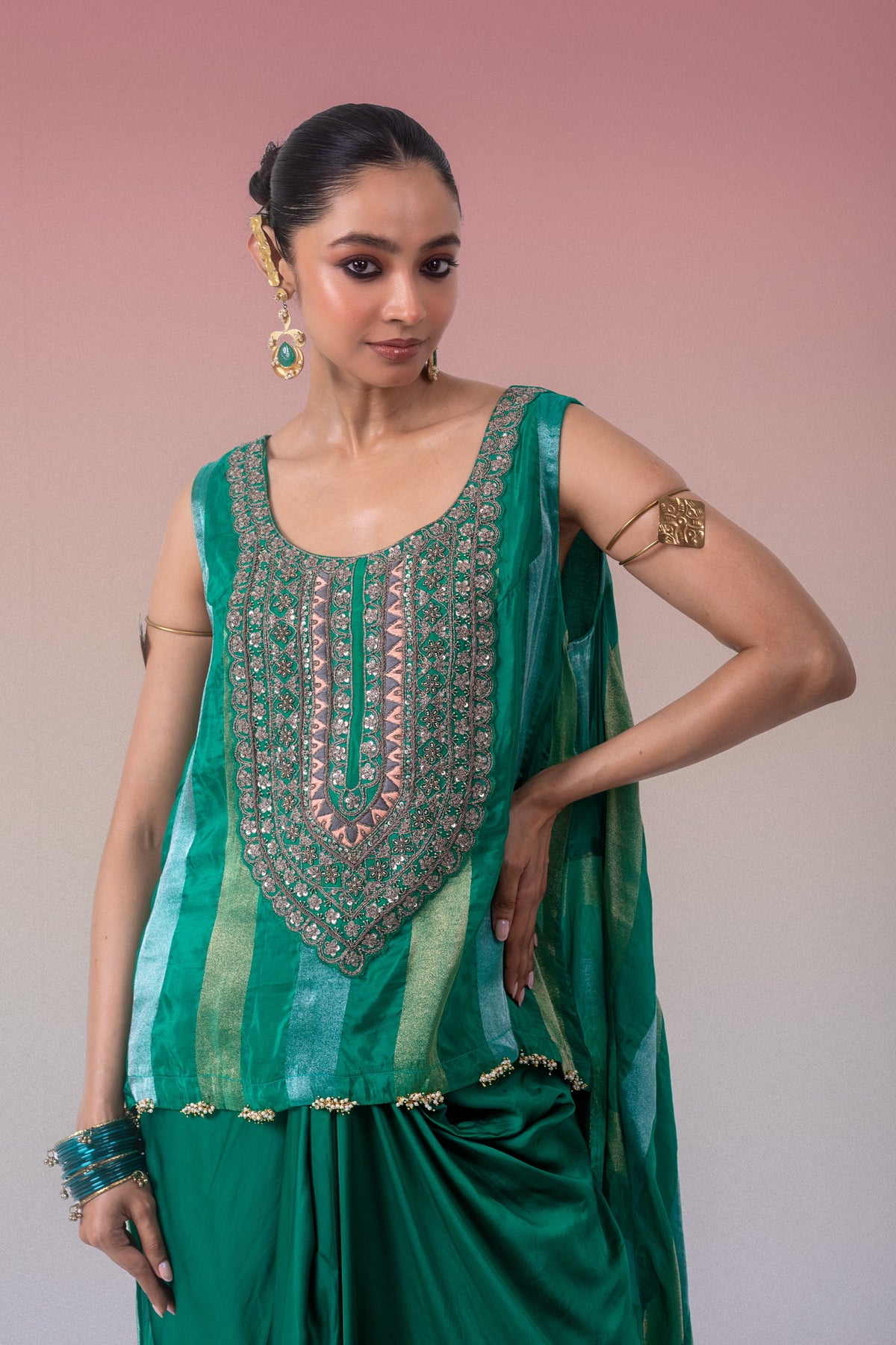 Dark Green Embellished Brocade Banarasi Silk Skirt Set