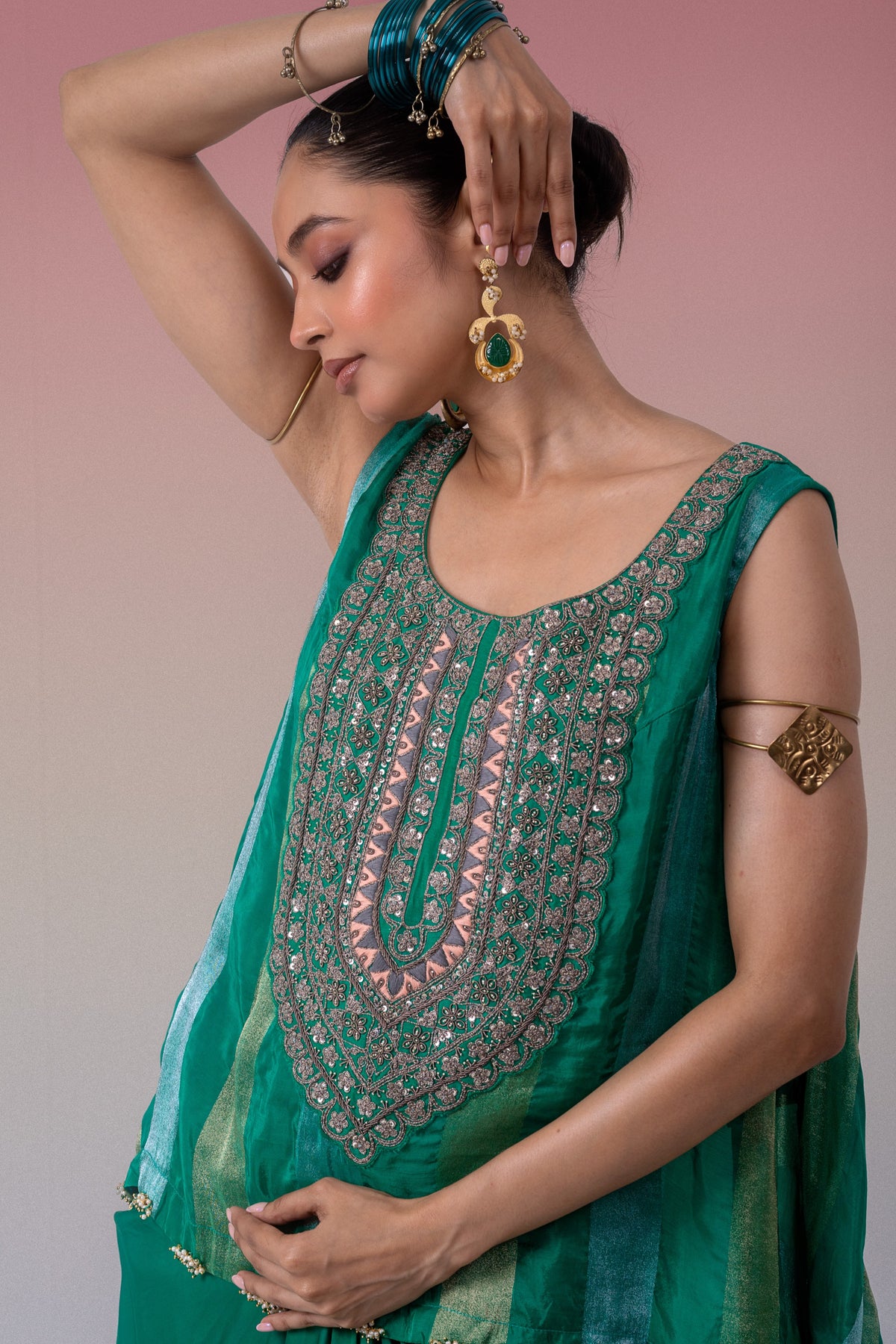 Dark Green Embellished Brocade Banarasi Silk Skirt Set
