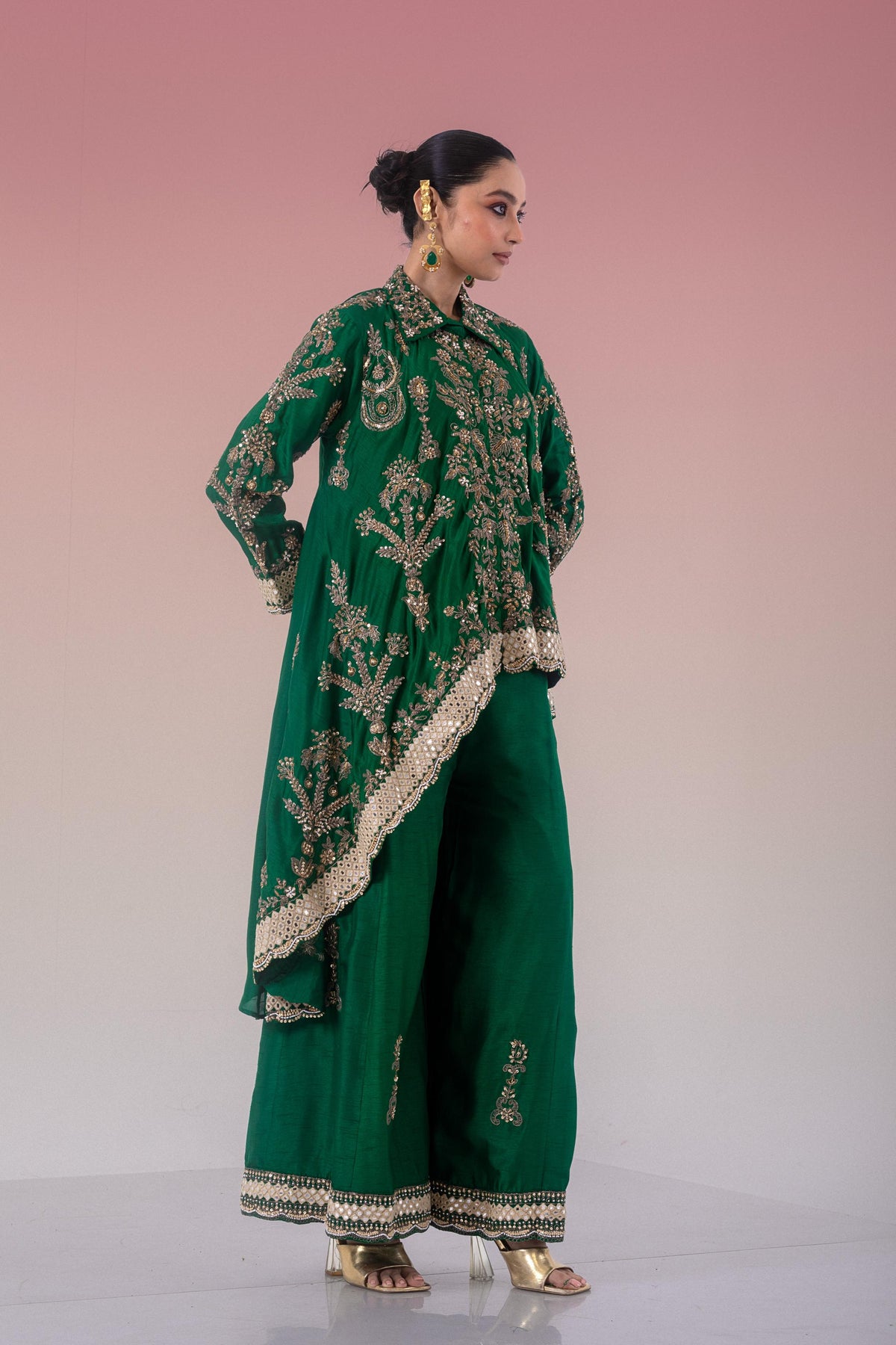 Green Clover Embellished Raw Silk Palazzo Set