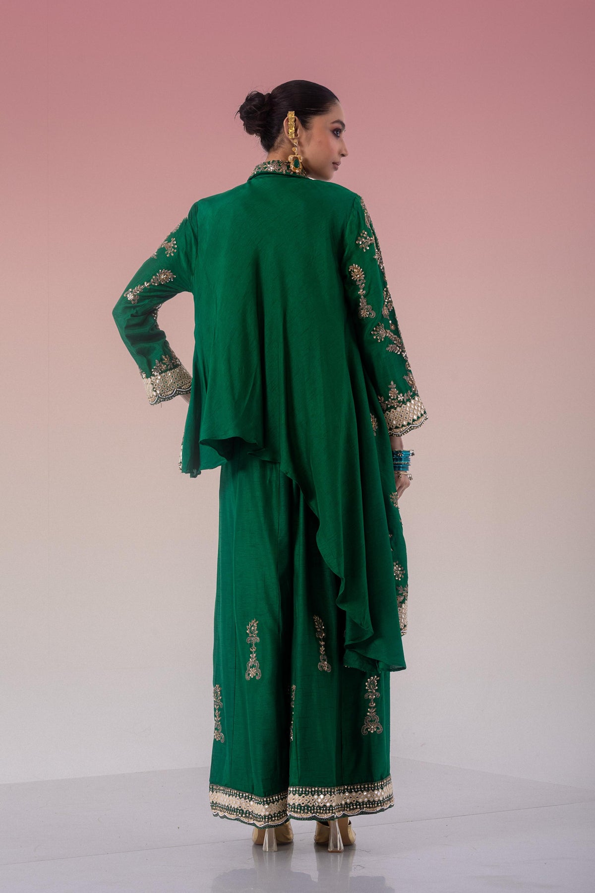 Green Clover Embellished Raw Silk Palazzo Set