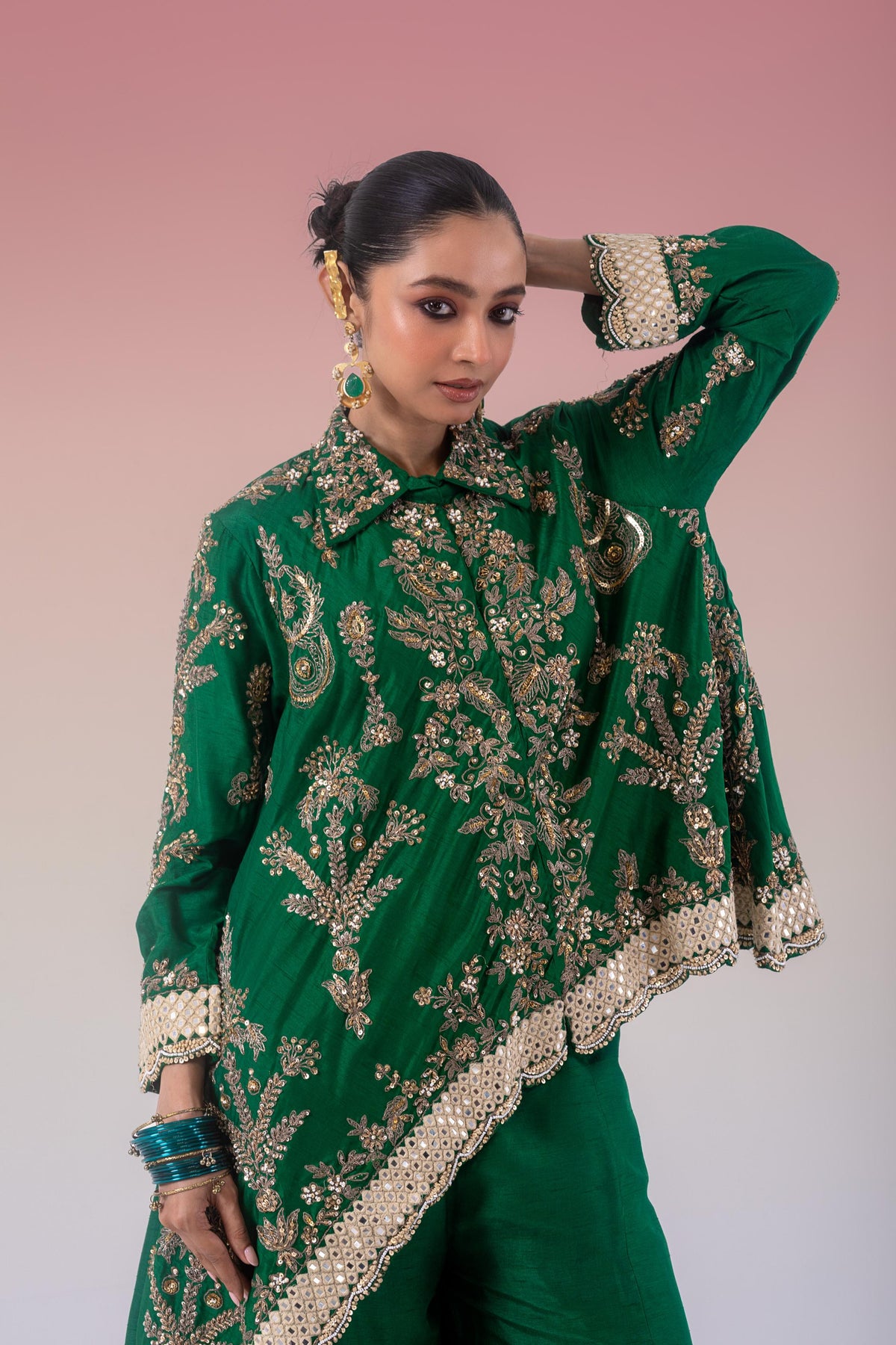 Green Clover Embellished Raw Silk Palazzo Set