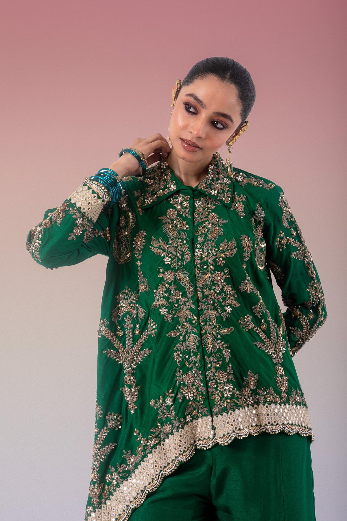 Green Clover Embellished Raw Silk Palazzo Set