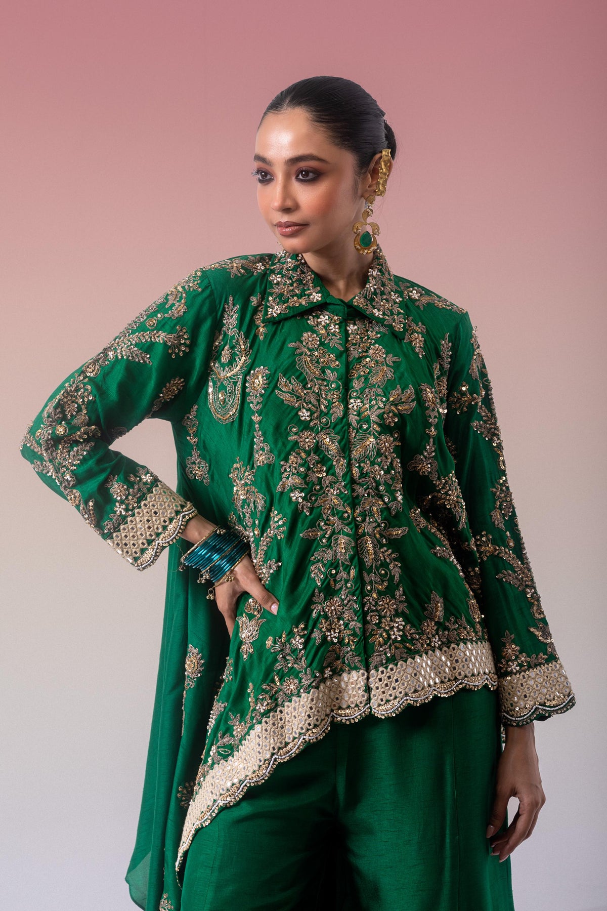 Green Clover Embellished Raw Silk Palazzo Set