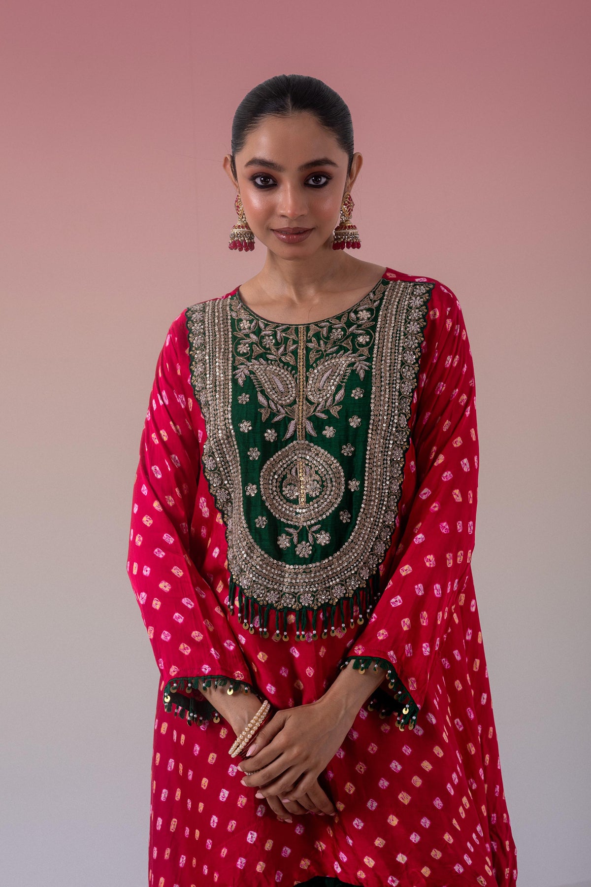 Fuchsia Pink Embellished Satin Silk Pant Set