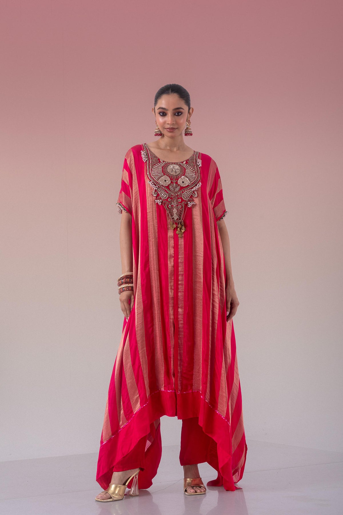 Rani Pink Embellished Brocade Silk Kaftan Set