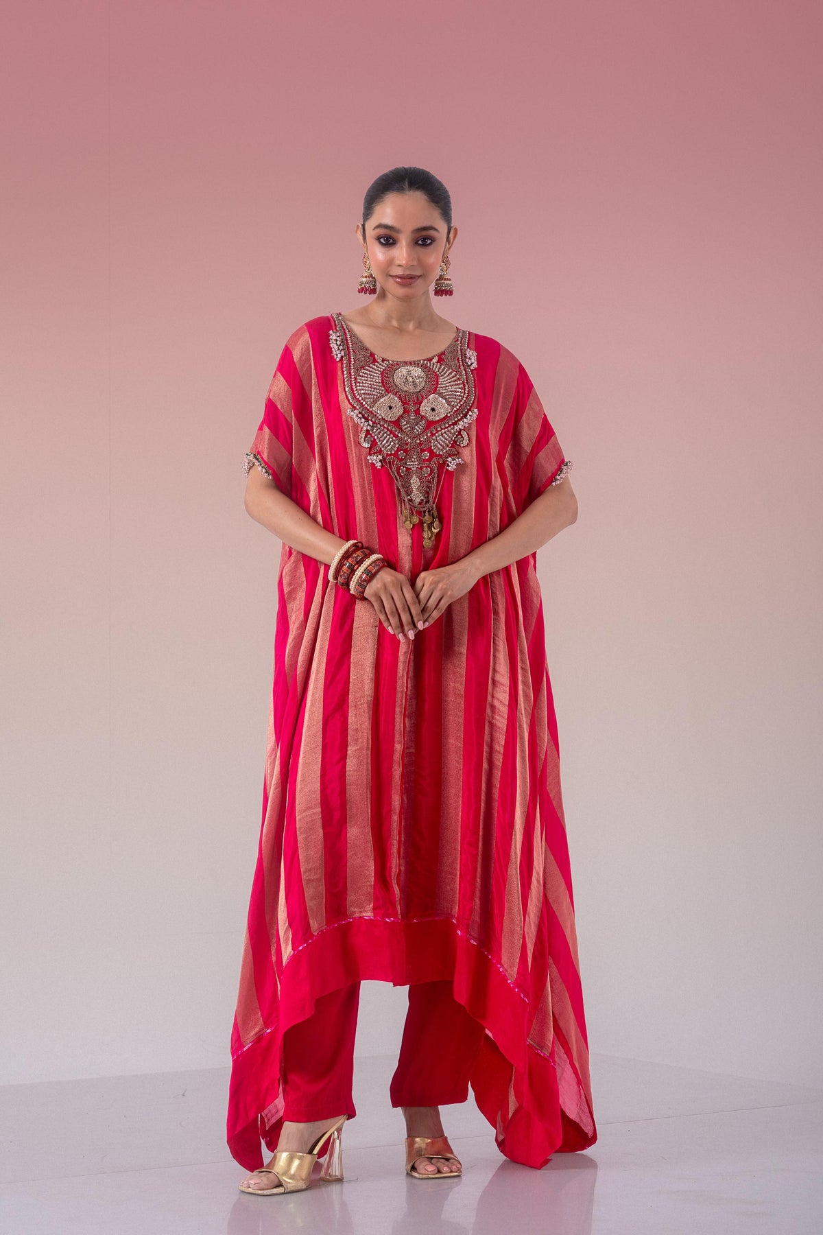 Rani Pink Embellished Brocade Silk Kaftan Set