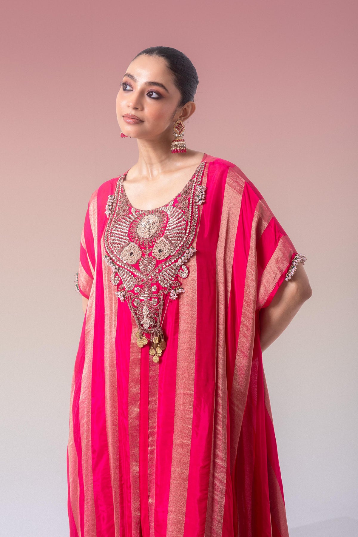 Rani Pink Embellished Brocade Silk Kaftan Set