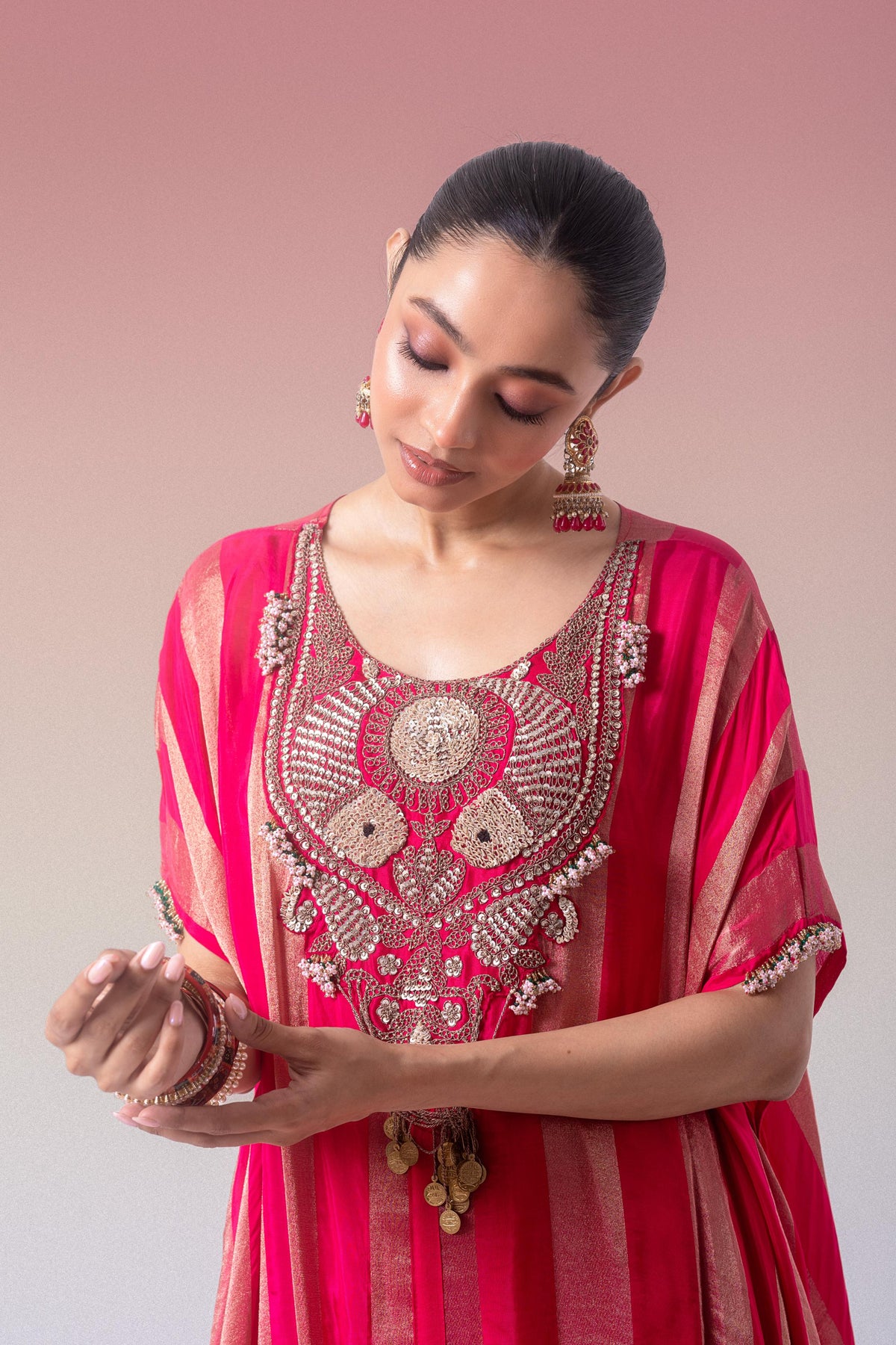 Rani Pink Embellished Brocade Silk Kaftan Set