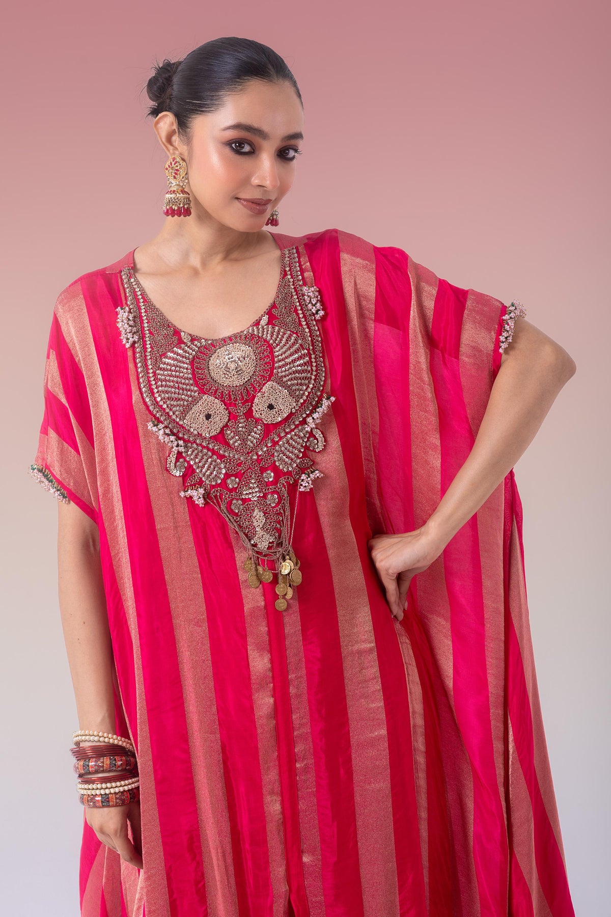 Rani Pink Embellished Brocade Silk Kaftan Set