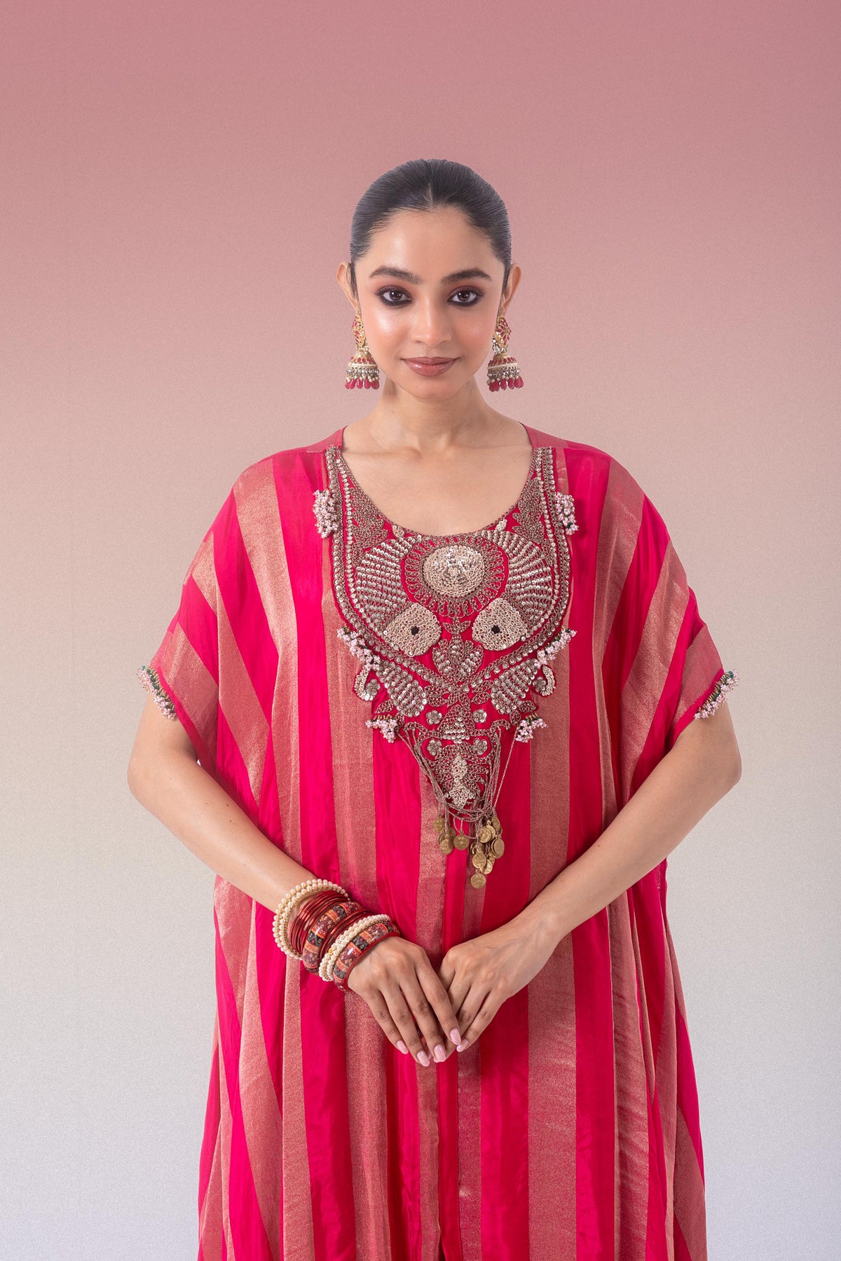 Rani Pink Embellished Brocade Silk Kaftan Set