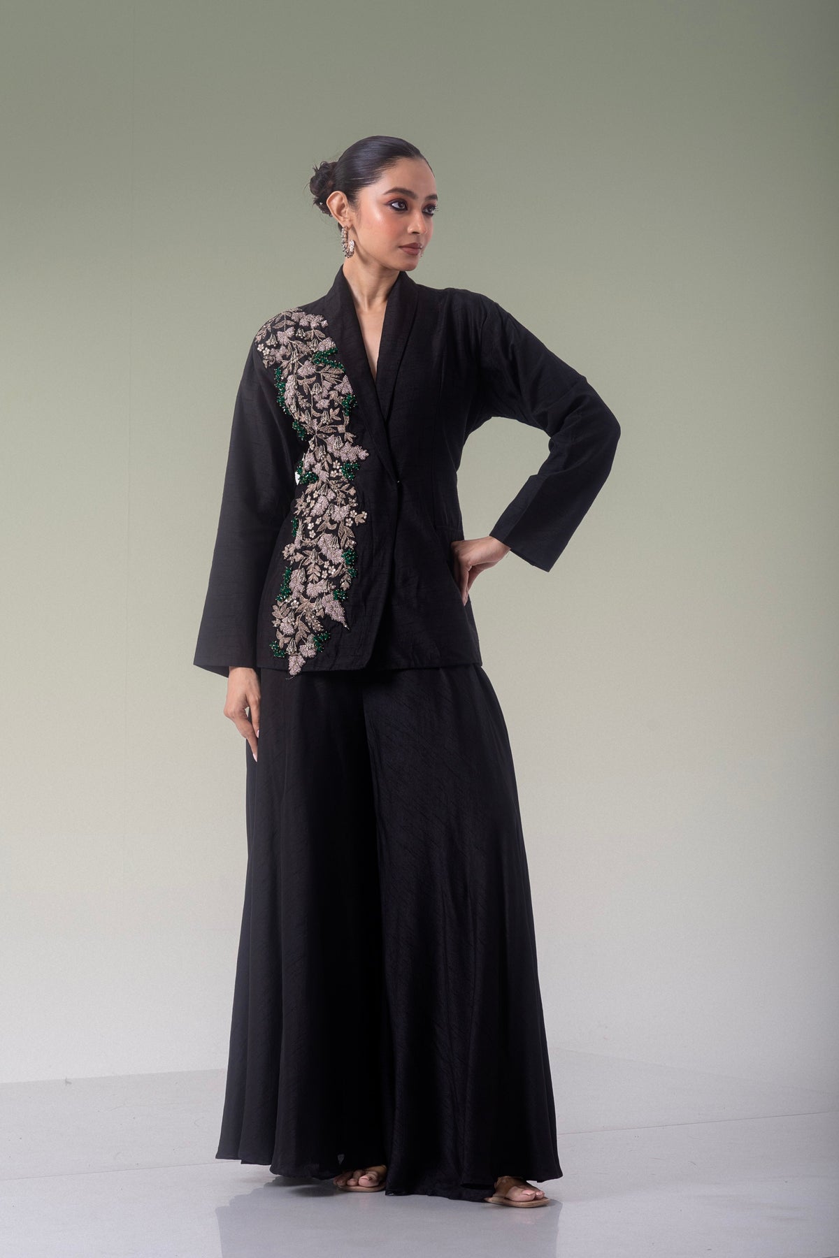 Midnight Black Embellished Raw Silk Co-Ord