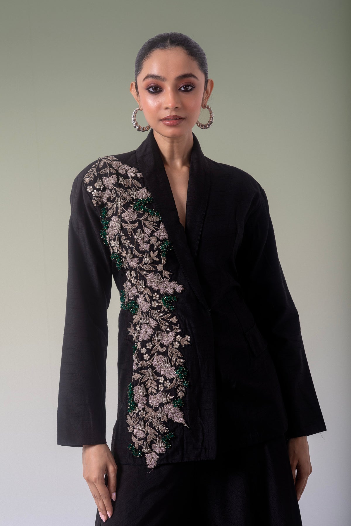 Midnight Black Embellished Raw Silk Co-Ord