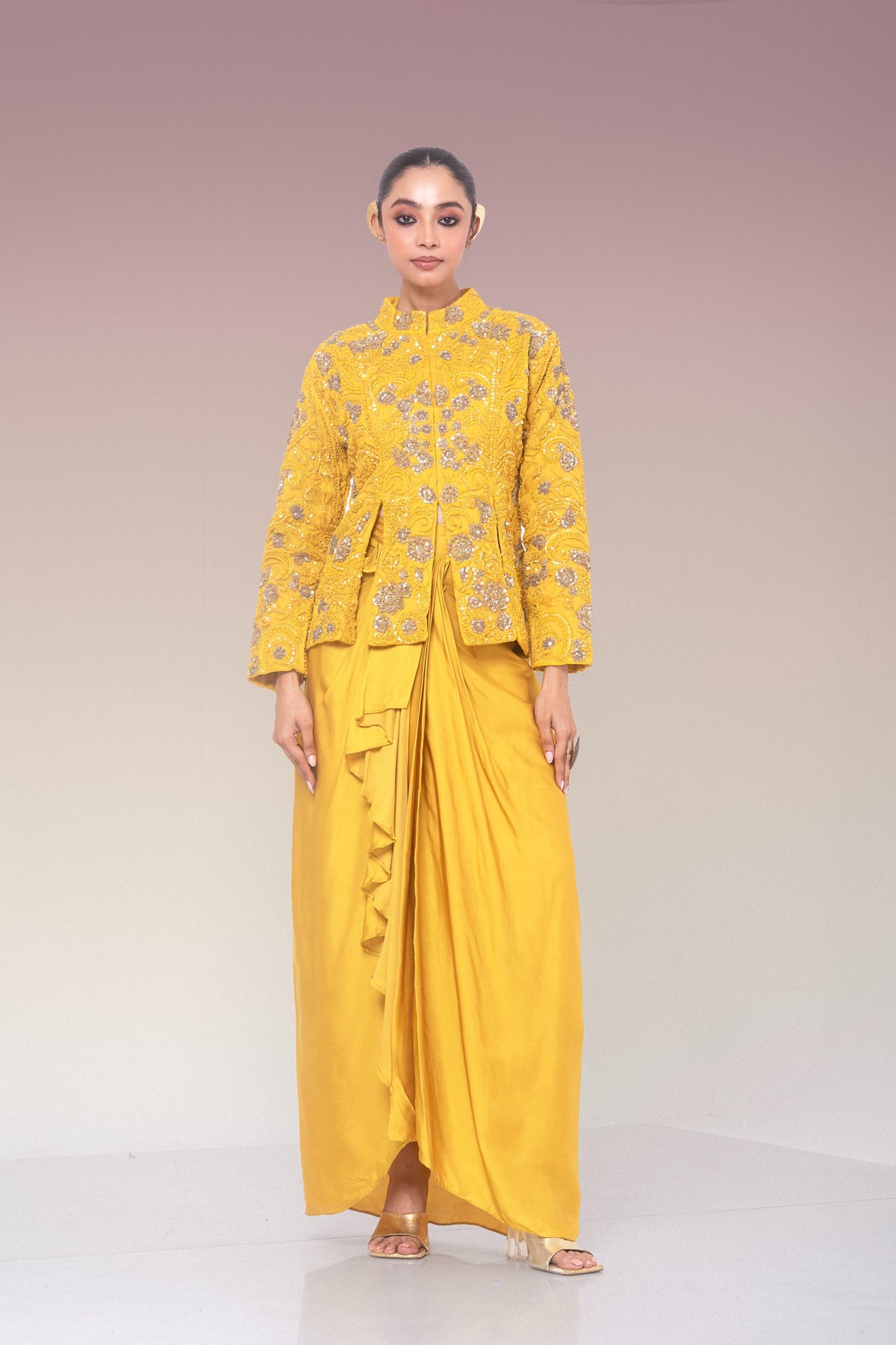 Mustard Gold Embellished Organza Silk Skirt Set