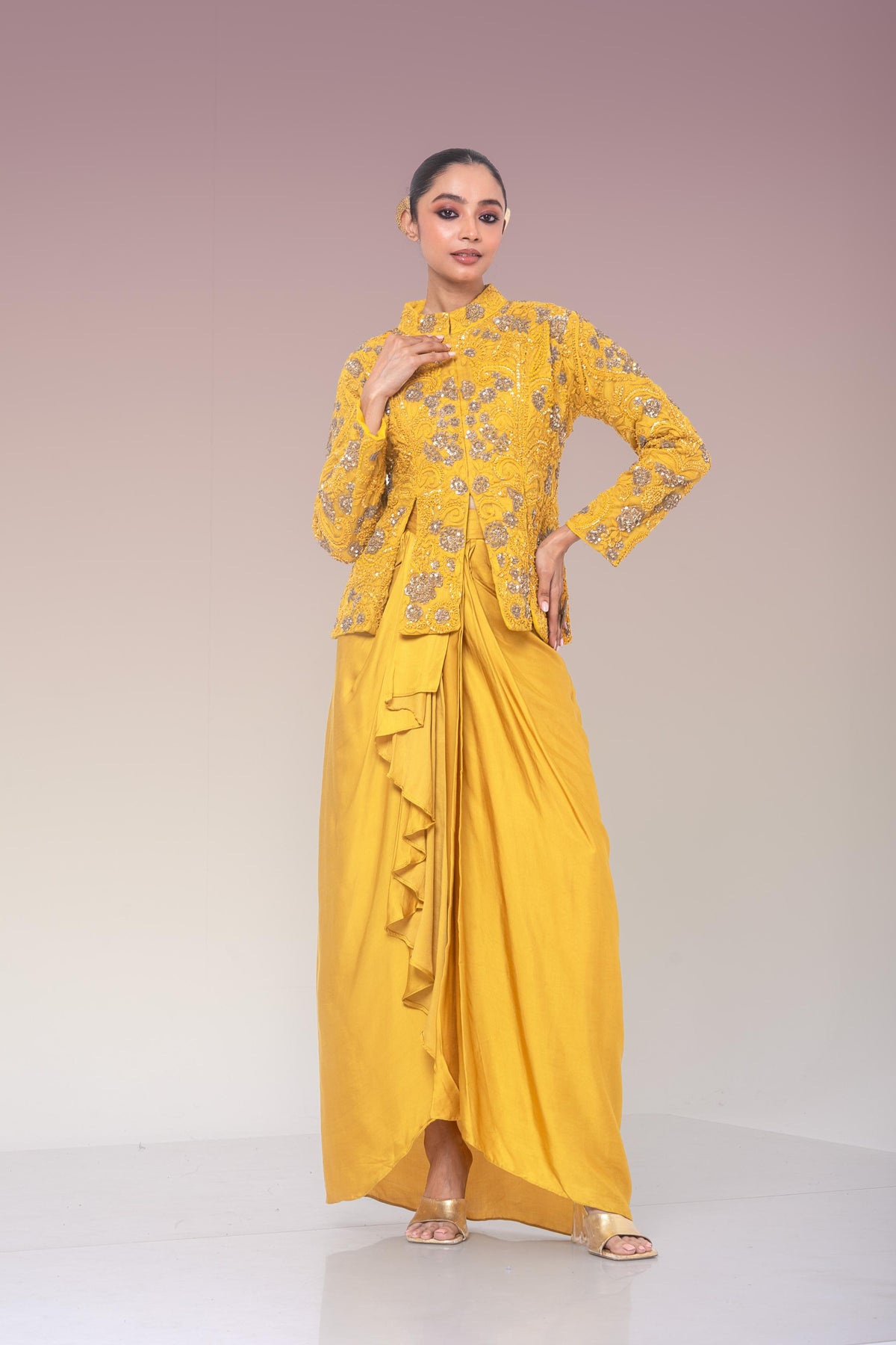 Mustard Gold Embellished Organza Silk Skirt Set
