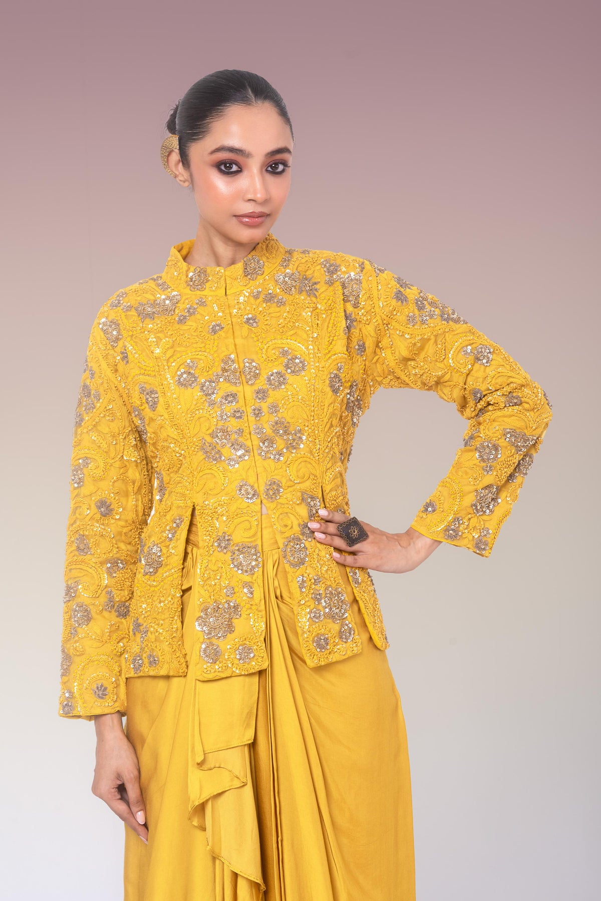 Mustard Gold Embellished Organza Silk Skirt Set