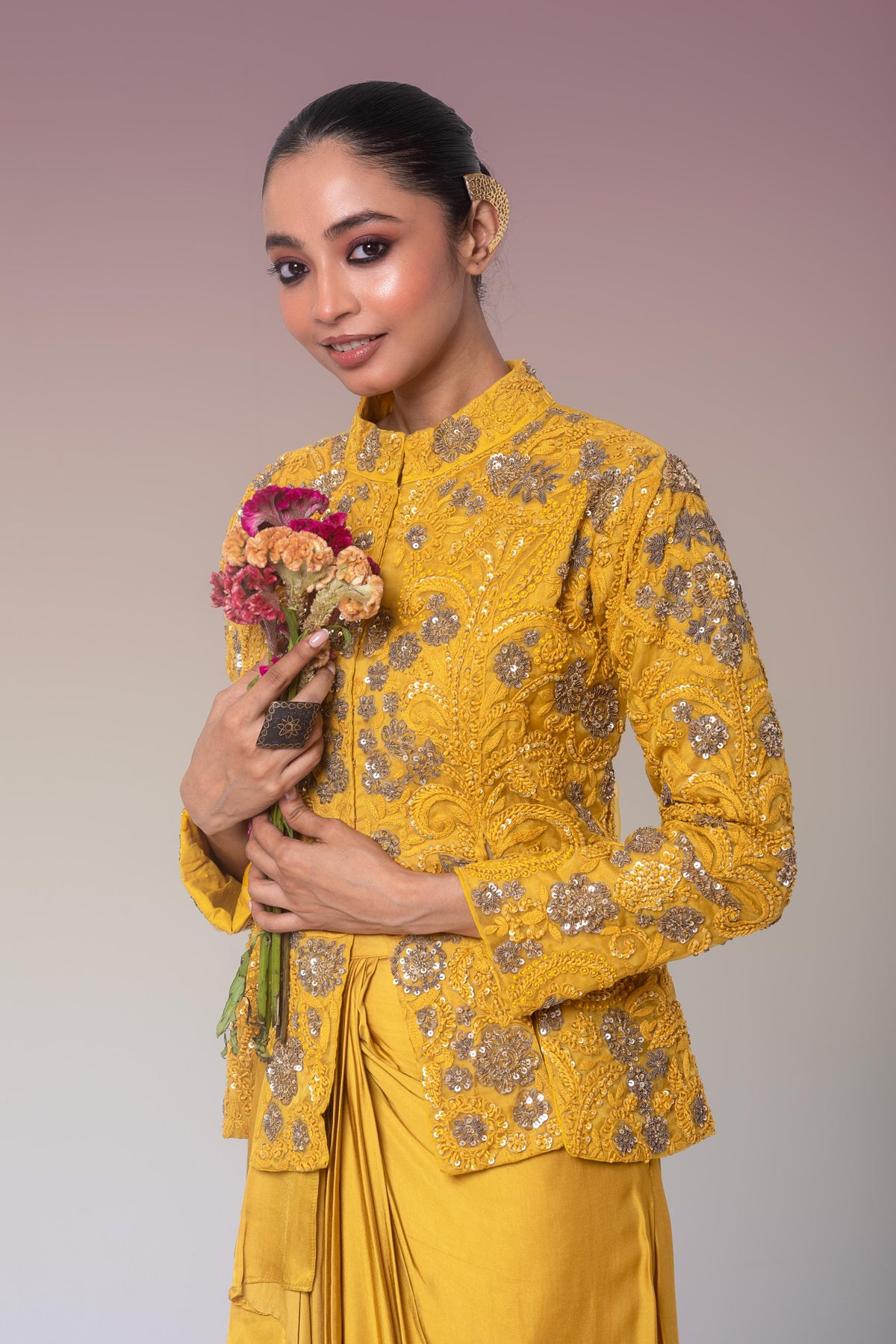 Mustard Gold Embellished Organza Silk Skirt Set