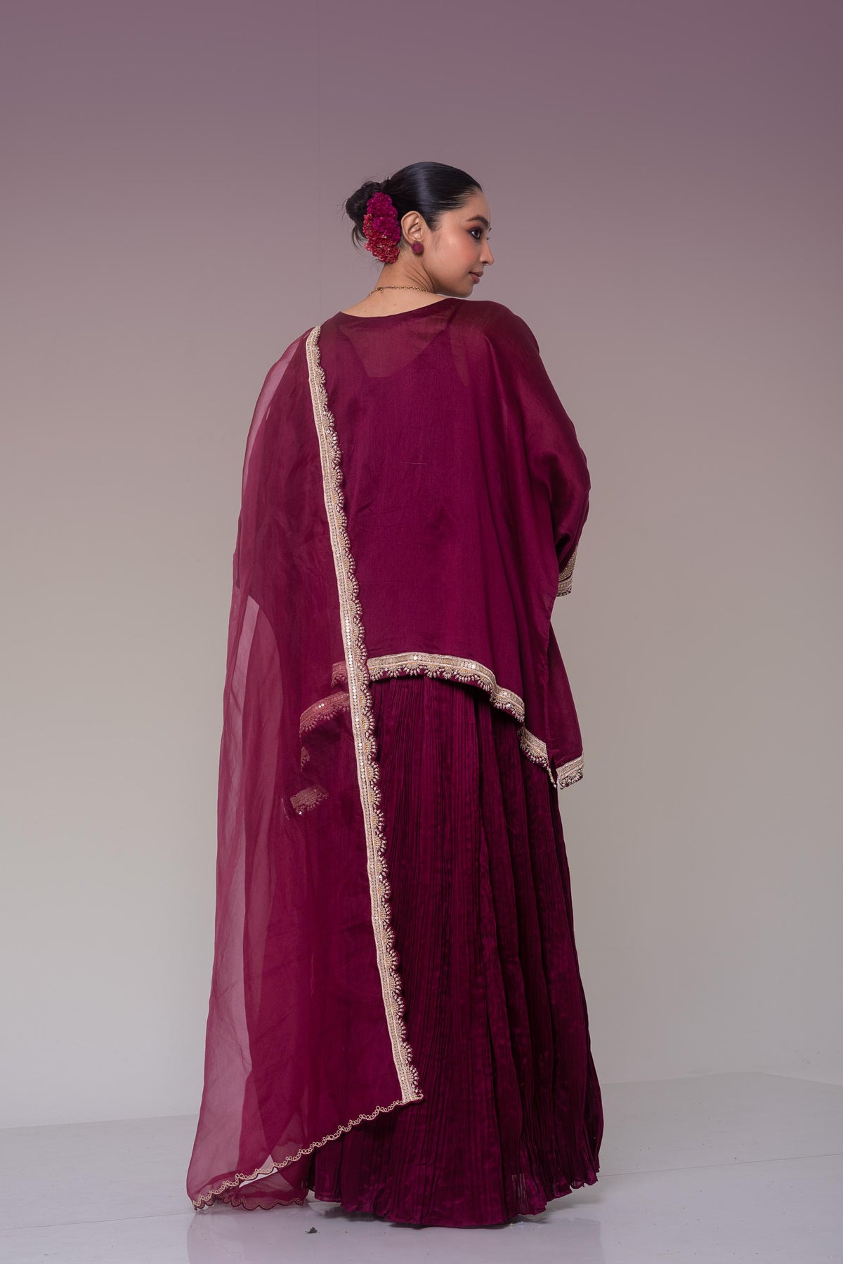 Deep Burgundy Embellished Organza Silk Skirt Set