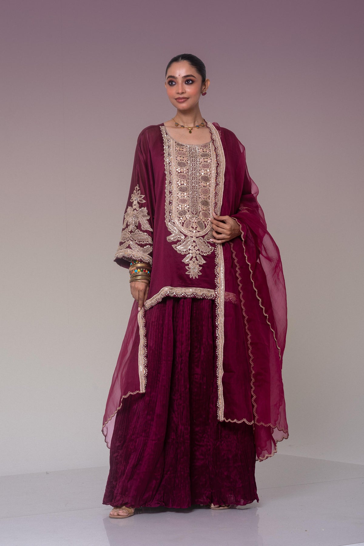 Deep Burgundy Embellished Organza Silk Skirt Set