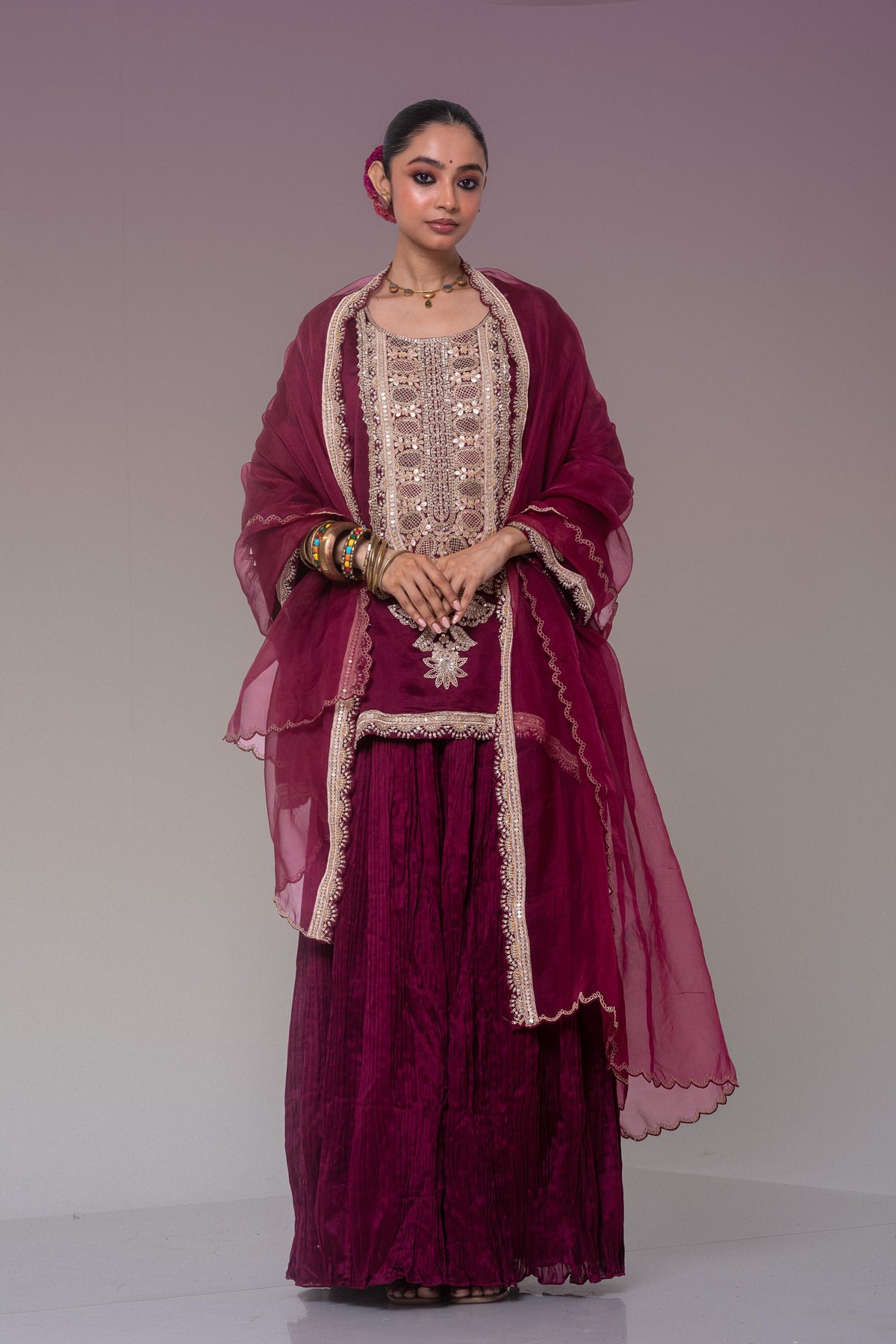 Deep Burgundy Embellished Organza Silk Skirt Set