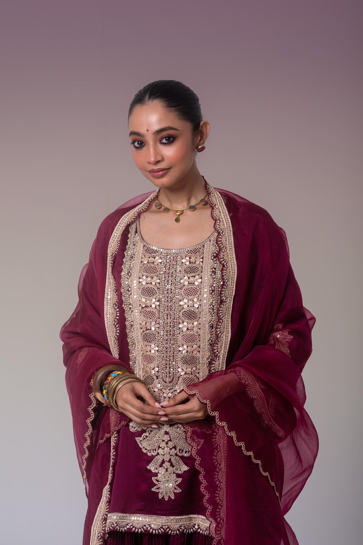 Deep Burgundy Embellished Organza Silk Skirt Set
