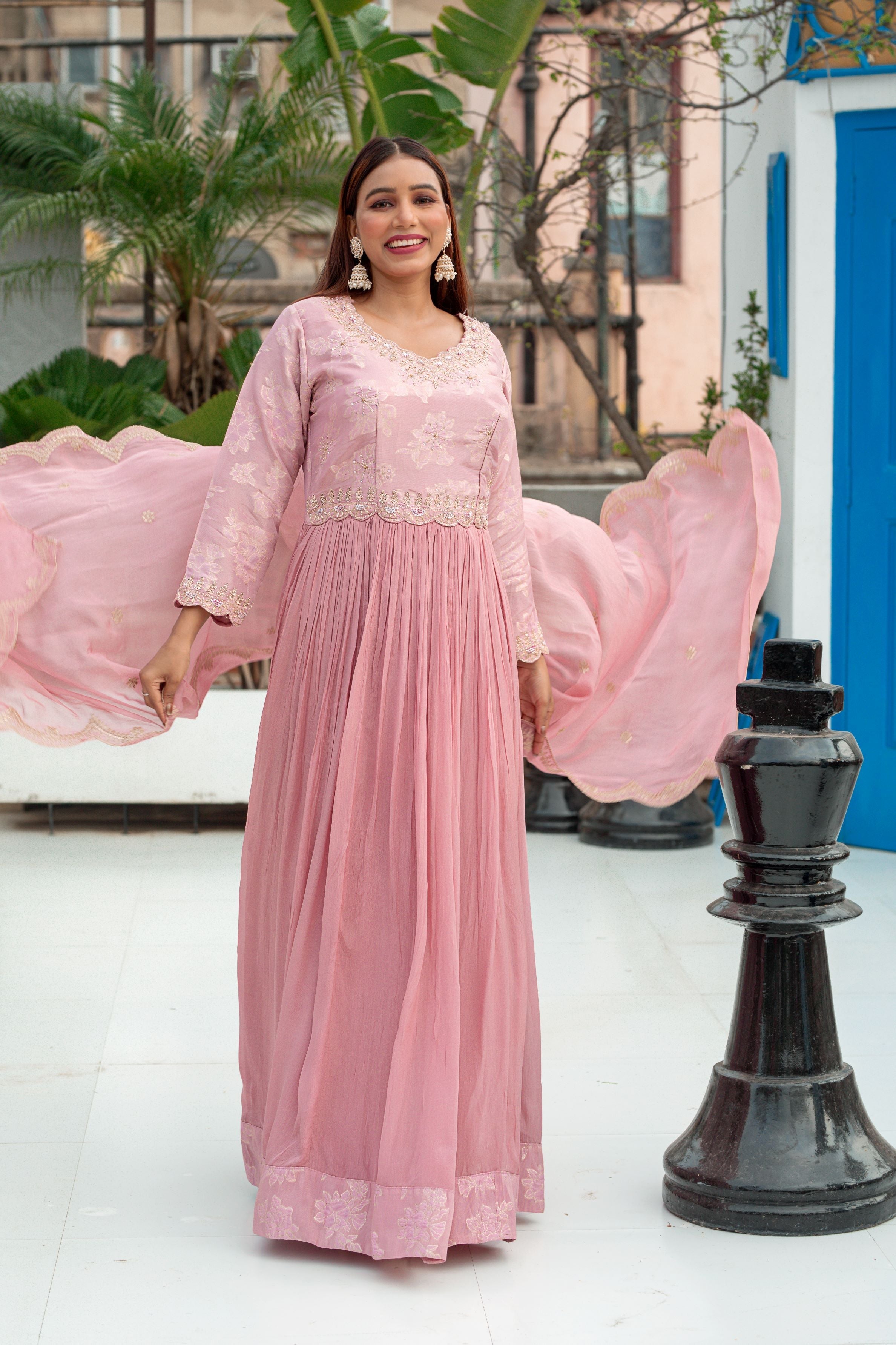 Light Pink Embellished Premium Chinon Silk Anarkali Set